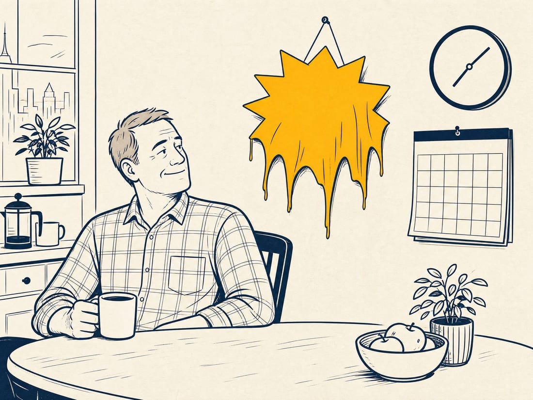 Cartoon: a homeowner at a kitchen table calmly checks a calendar while a price tag marked TONIGHT ONLY slowly loses its exclamation points over three days on a wall clock behind him.