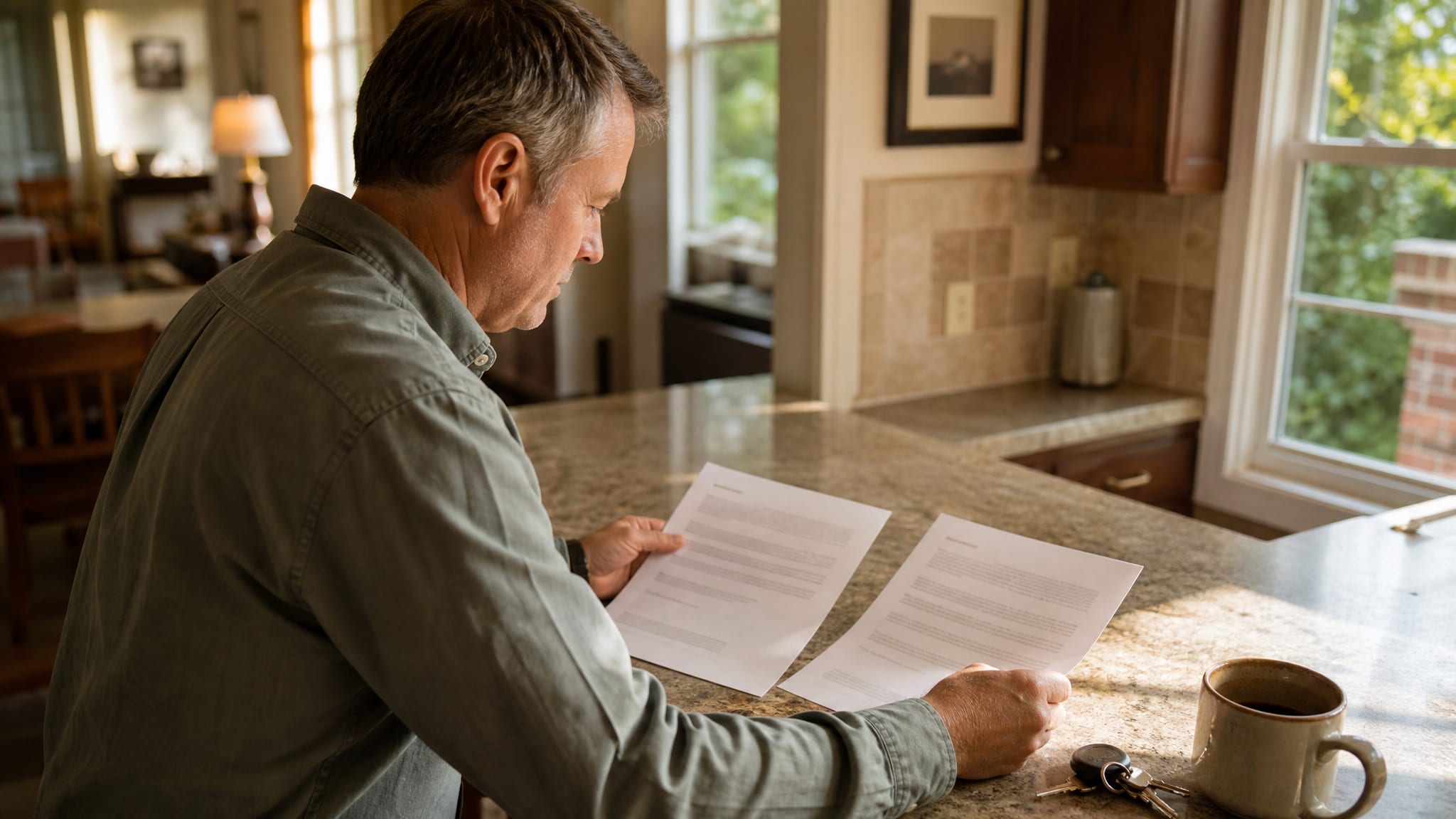 A homeowner stands at a kitchen counter in a North Carolina home with two window quotes laid side by side in warm afternoon light, weighing them before deciding.