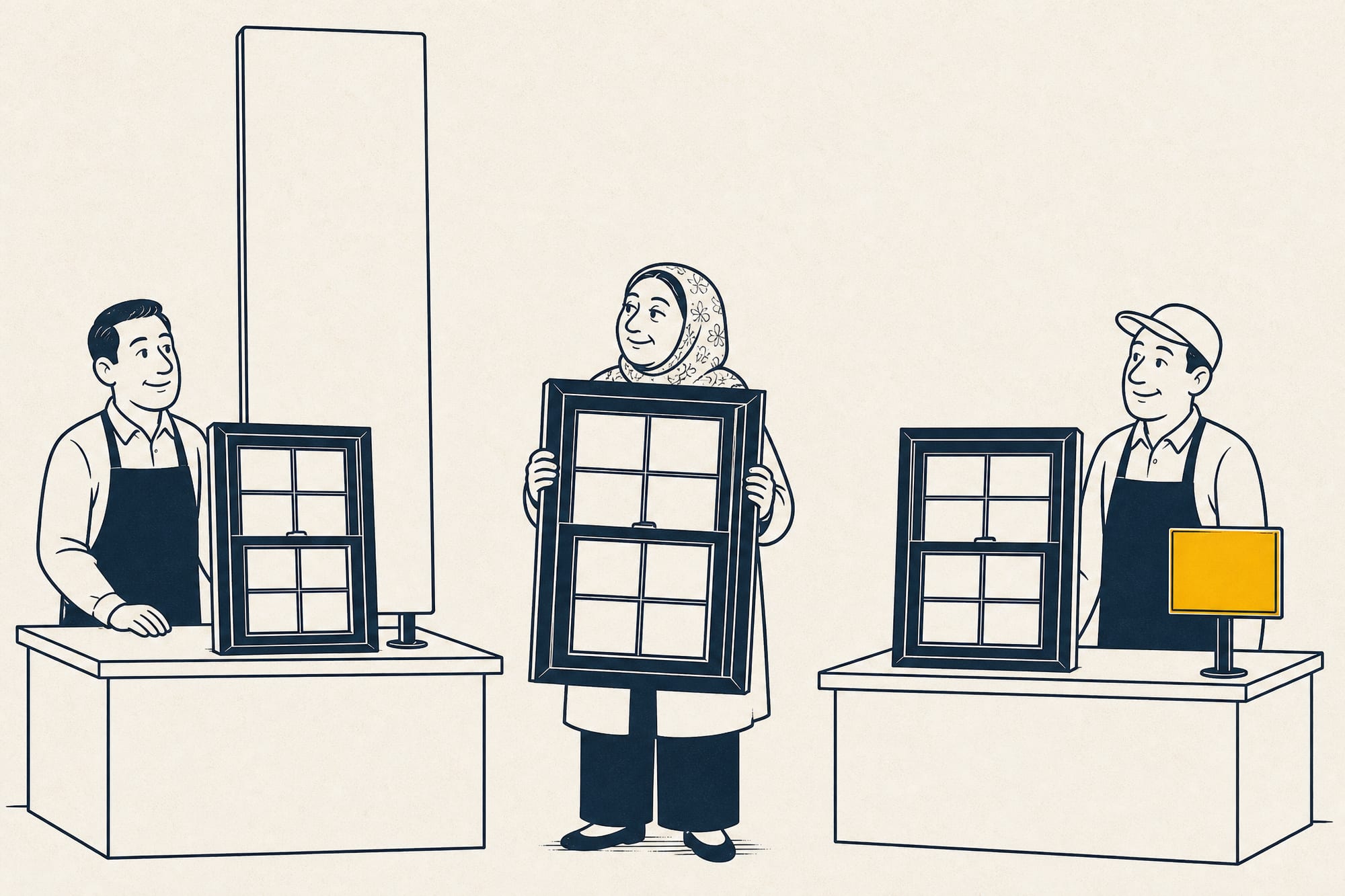 Cartoon: a homeowner holds one identical dark fiberglass window between two dealer counters, each showing the same window; the left counter has an absurdly tall price sign and the right a short one — same glass, same frame, two very different prices.