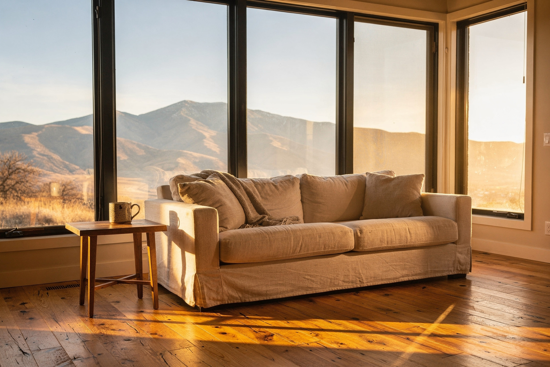 A sunlit western living room in late-afternoon light, a wall of modern windows with very narrow black frames looking out to hazy blue mountain ridges, warm bands of sun falling across a wide-plank oak floor beside a linen sofa and a single ceramic mug.