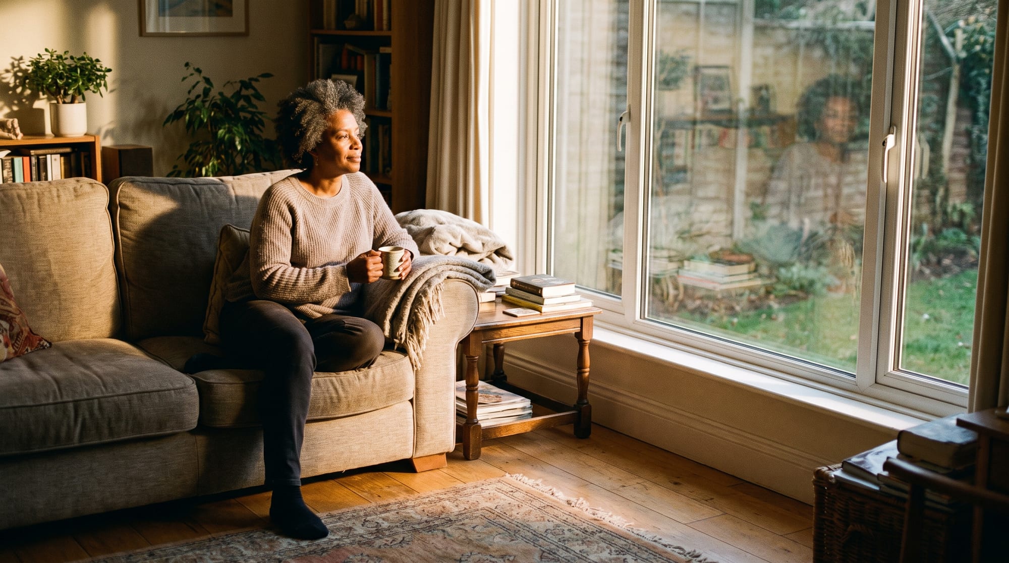A woman in her fifties relaxed on a sofa in a bright, lived-in living room, warm afternoon daylight pouring through a large clean replacement window across a wood floor.