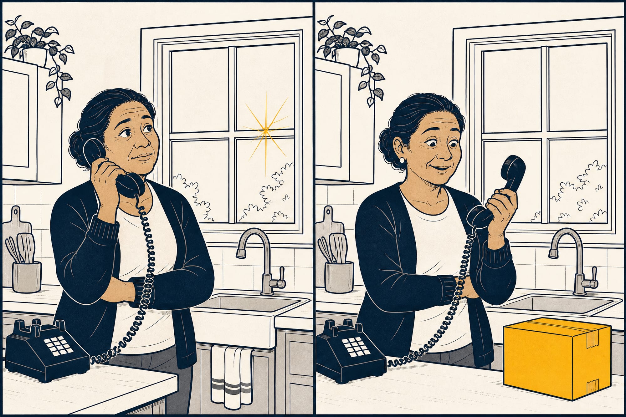 Two-panel cartoon: a homeowner on the phone by a window says 'It's fifteen years old…' bracing for bad news; in the second panel the same homeowner stares at the phone in surprise — 'They're sending the part.'