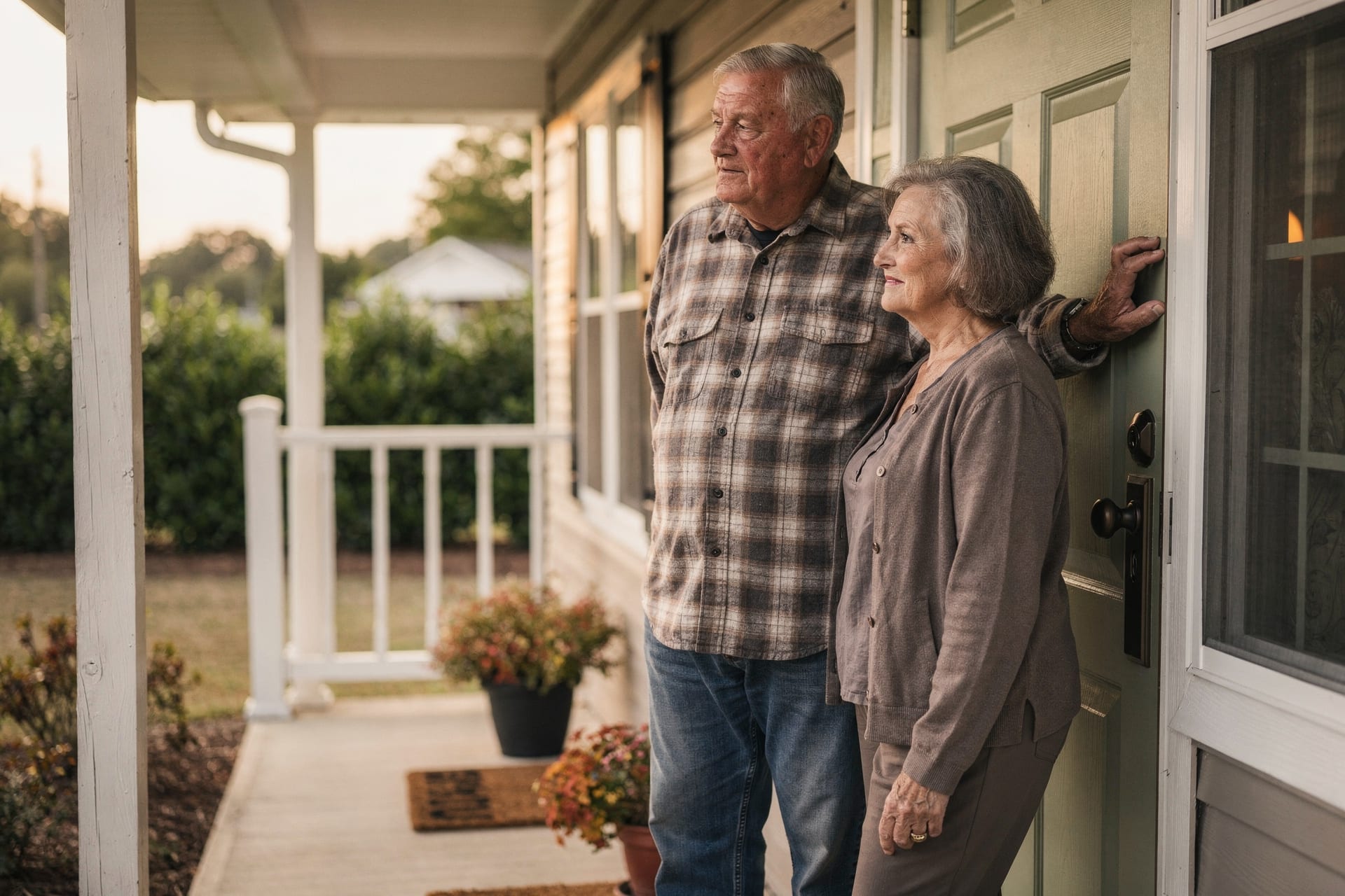 An older couple in their sixties stand on the front porch of their North Carolina home, the husband resting a hand on their entry door as they look out over the yard together with quiet satisfaction in soft, warm afternoon light.