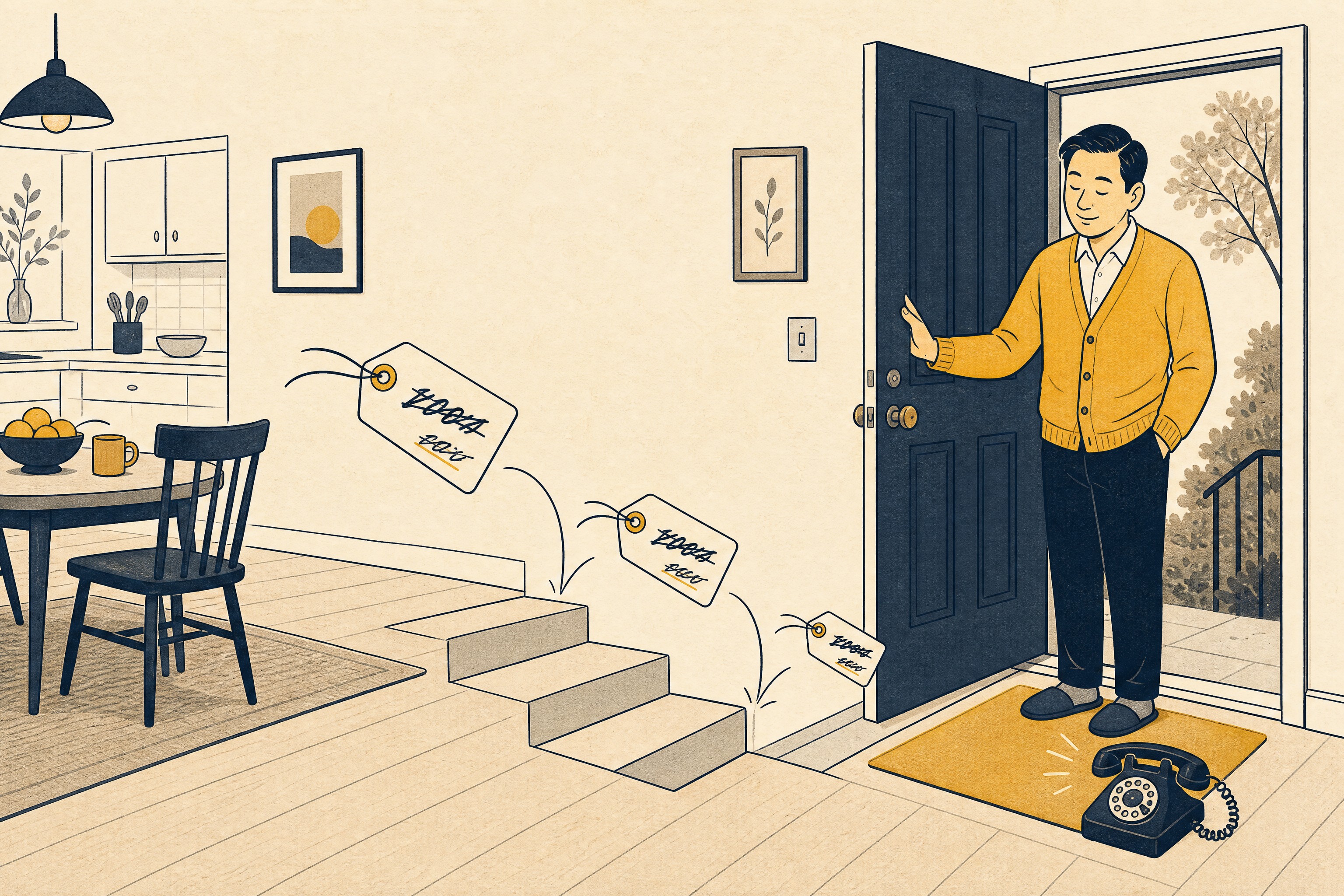 Cartoon: a homeowner calmly holds his front door open as a series of price tags with crossed-out scribbled numbers tumbles down the stairs toward the door, an old rotary phone ringing on the doormat.