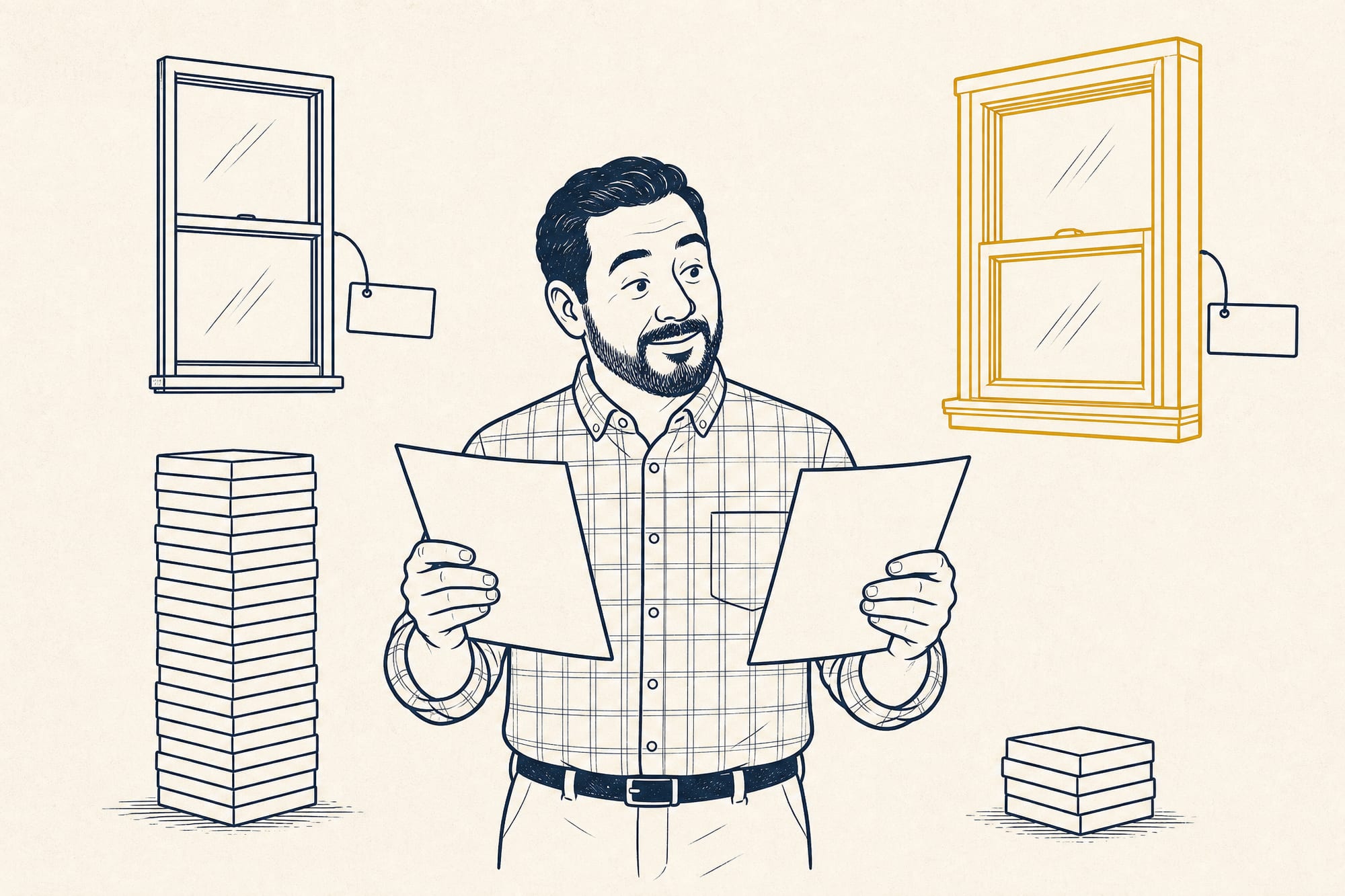 Cartoon: a homeowner holds two window quotes; beside each floats the window it stands for, both wearing the same blank name tag, and the thicker, better-built window is the one marked with the lower price.