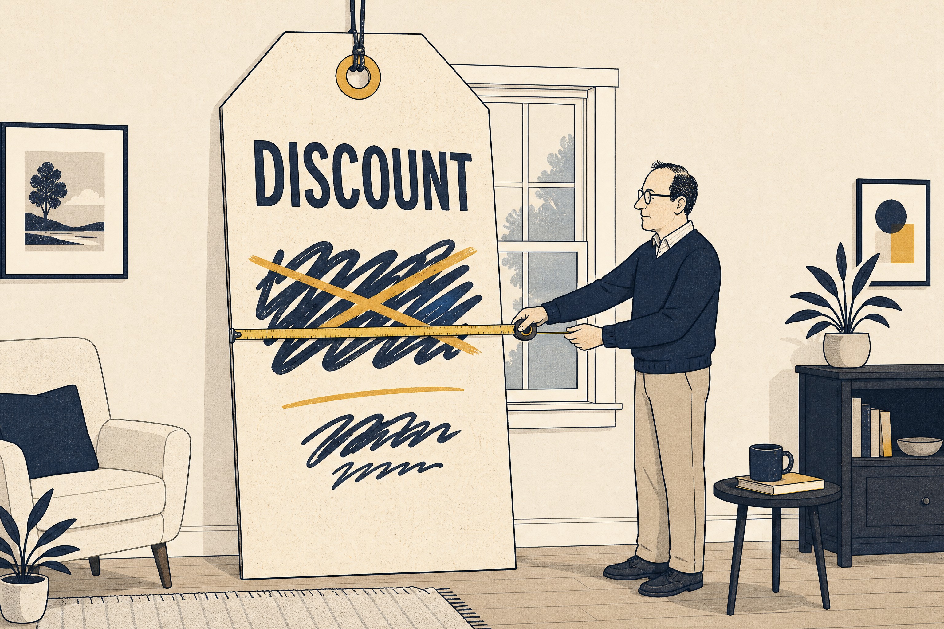 Cartoon: a homeowner holds a tape measure across a giant hanging 'DISCOUNT' price tag, measuring the scribbled-out claim on it.