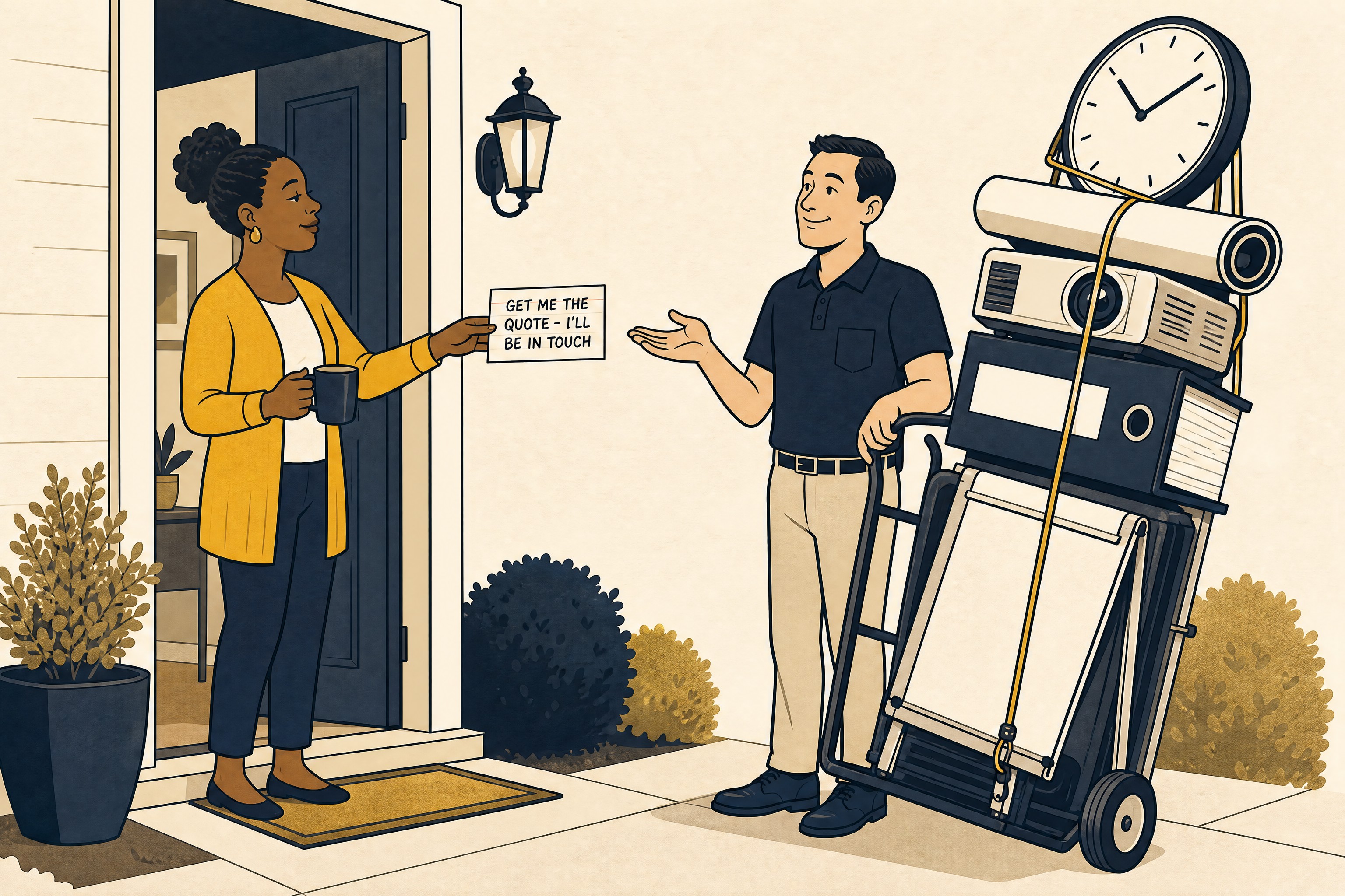 Cartoon: a homeowner at her front door hands a small card reading 'get me the quote — I'll be in touch' to a friendly salesman whose hand-truck is loaded with a giant clock, rolls of paper, a projector, and a binder.