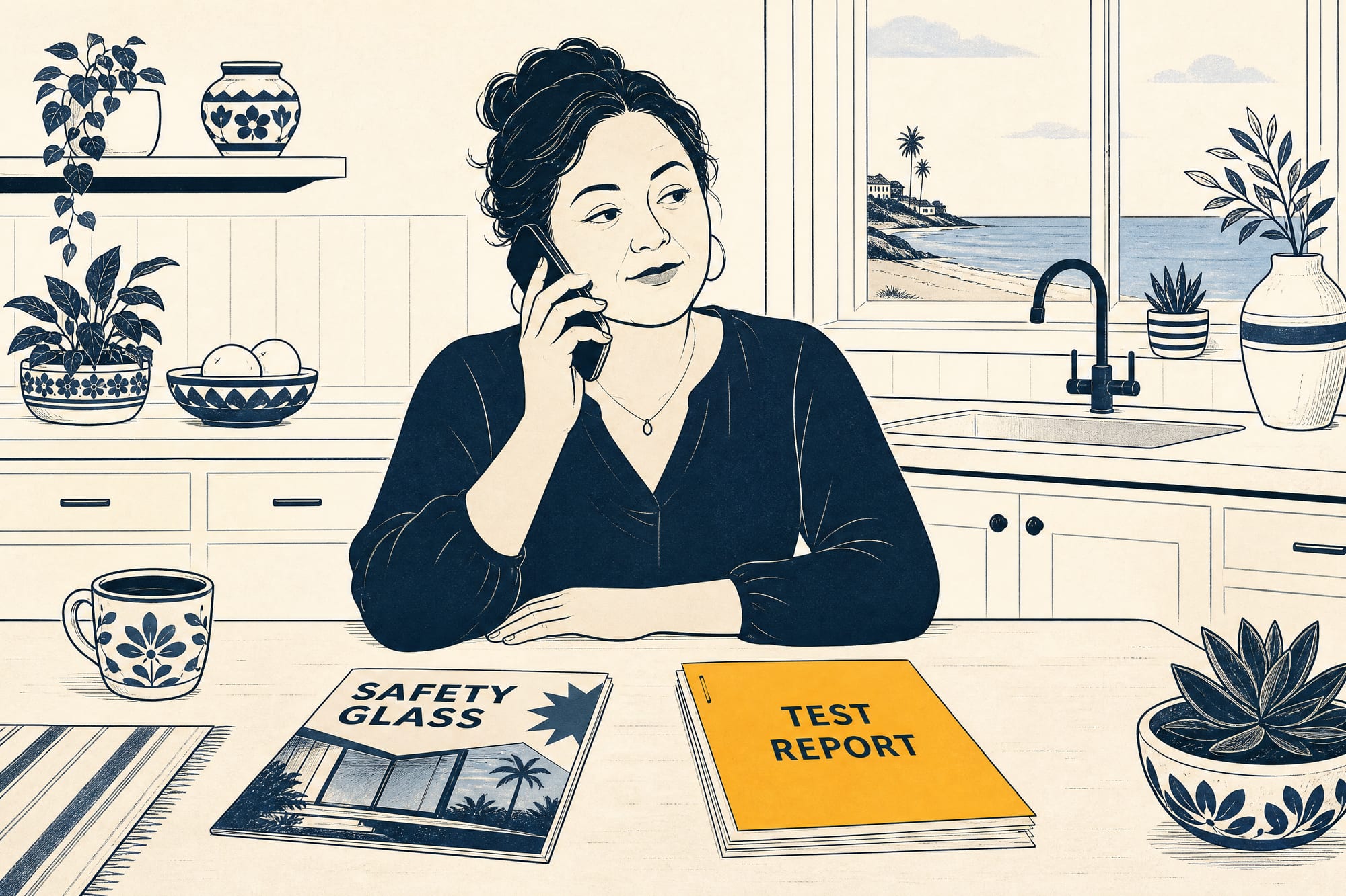 Comic: a homeowner at her kitchen table compares a cheerful brochure labeled 'safety glass' with a plain stapled test report, phone to her ear, politely unimpressed.