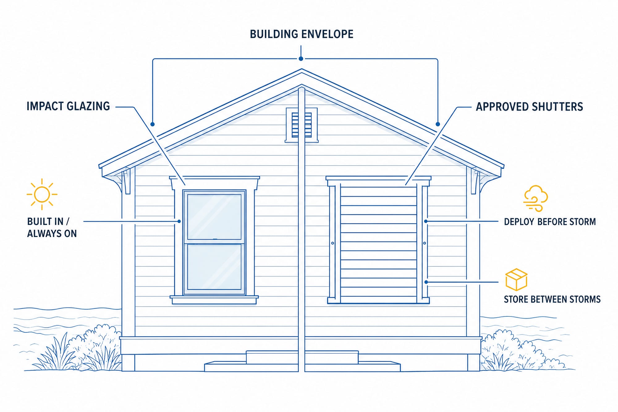 Diagram of the two code-approved ways to protect a coastal window opening: impact glazing that is built in and always on, versus approved shutters that must be deployed before a storm and stored between storms.