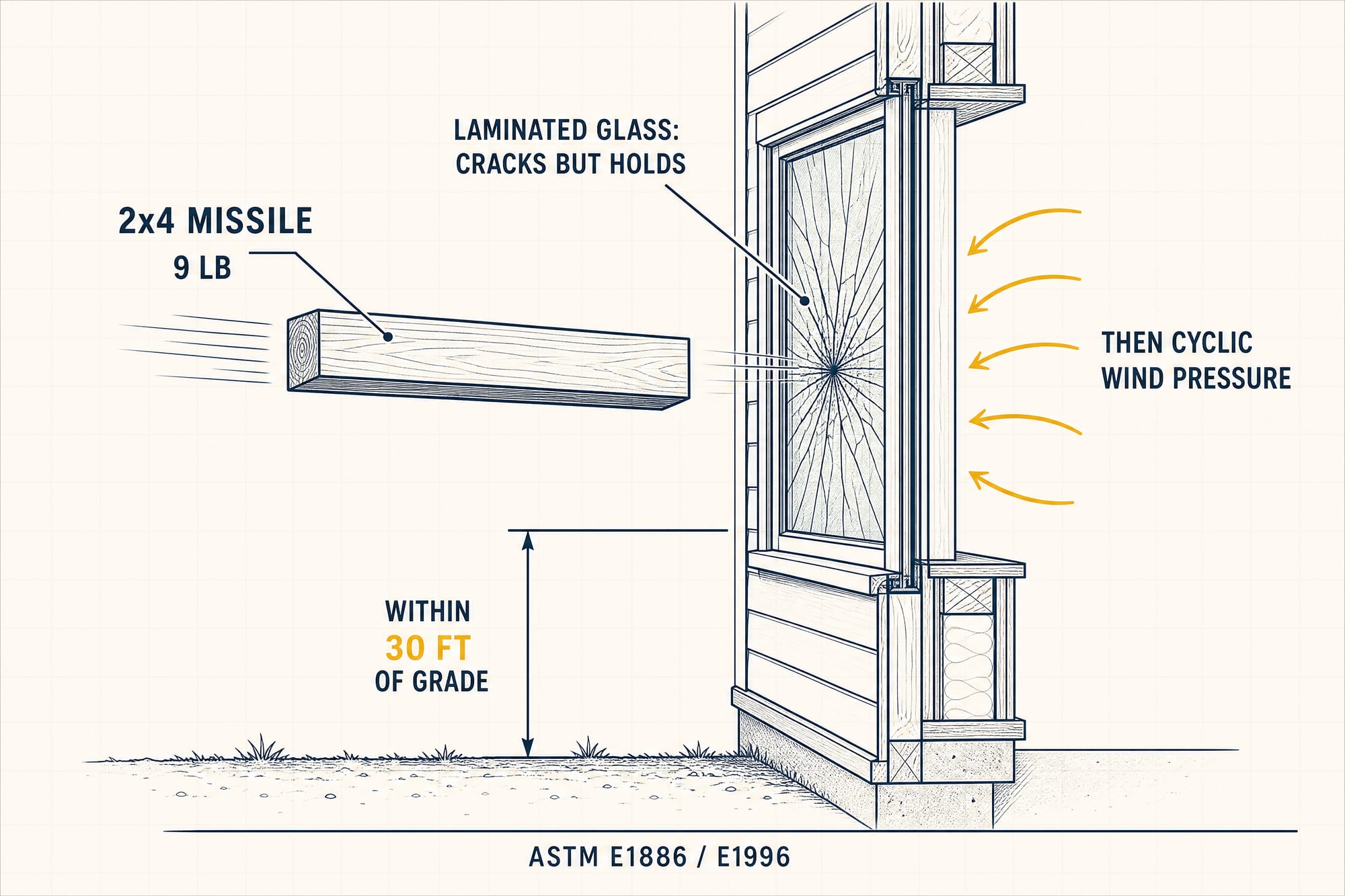 A diagram of the large-missile test: a nine-pound two-by-four is fired at a window near ground level; the laminated glass cracks in a spiderweb but stays held in the frame; curved arrows show cyclic wind pressure loading the window afterward; a dimension marks that the requirement applies within thirty feet of grade, per ASTM E1886 and E1996.