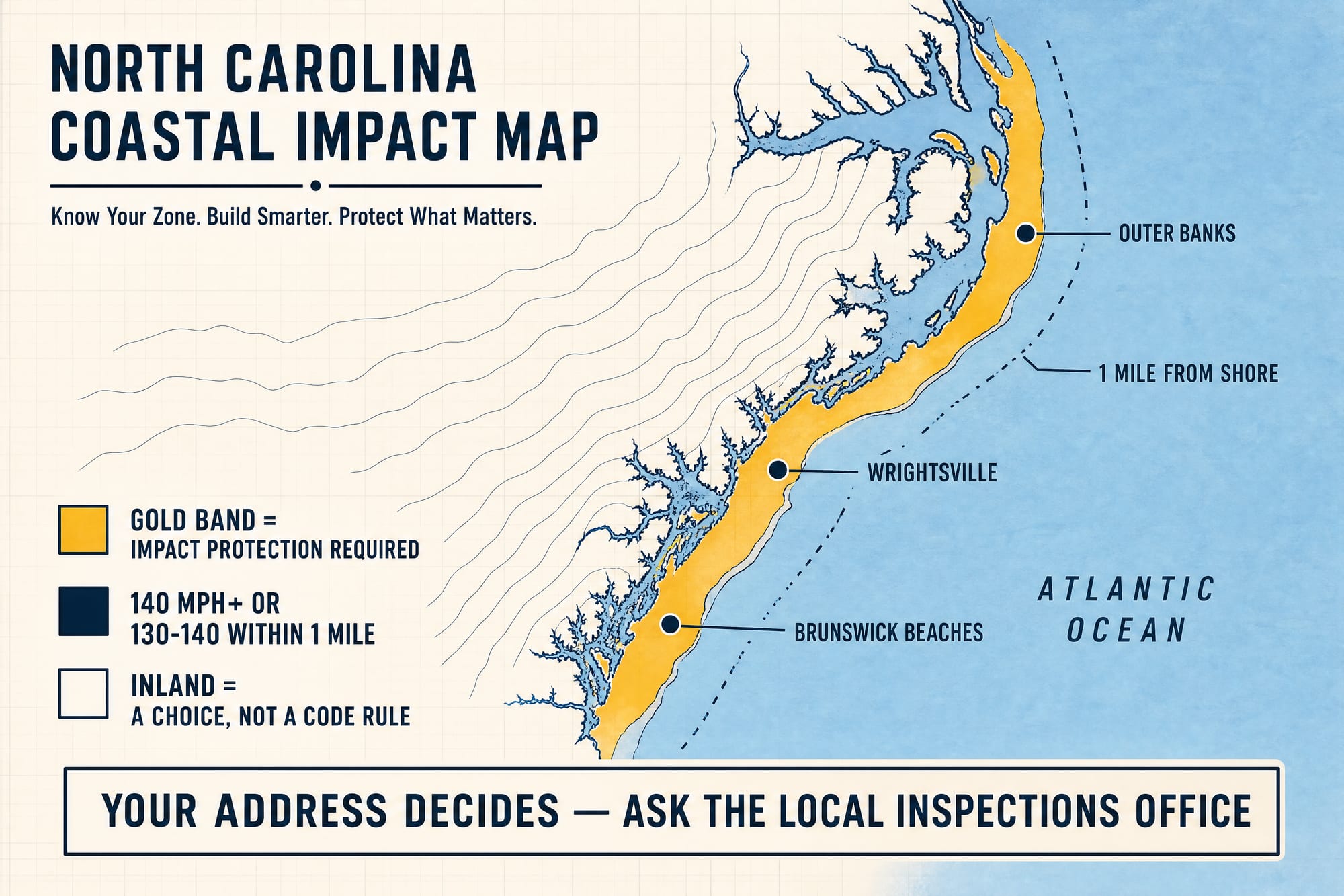 A stylized map of the North Carolina coast: a gold band hugs the shoreline marking the windborne-debris region where impact protection is required, a dashed line marks one mile from shore, and pins mark the Outer Banks, Wrightsville, and the Brunswick beaches. Inland is marked a choice, not a code rule, and a box reads: your address decides — ask the local inspections office.