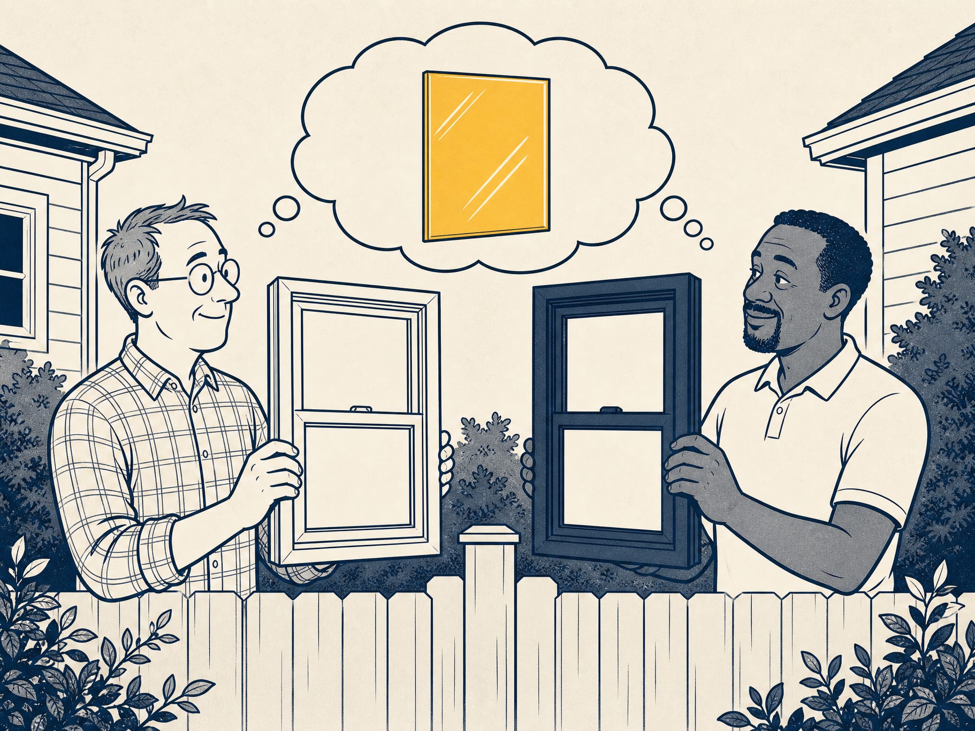 House Comic: two neighbors argue good-naturedly over a backyard fence — one holding up a plain white double-hung window, the other a fancier dark-framed one — while a single shared thought bubble glows above them both with one identical pane of glass, the thing that actually matters, which neither is looking at.