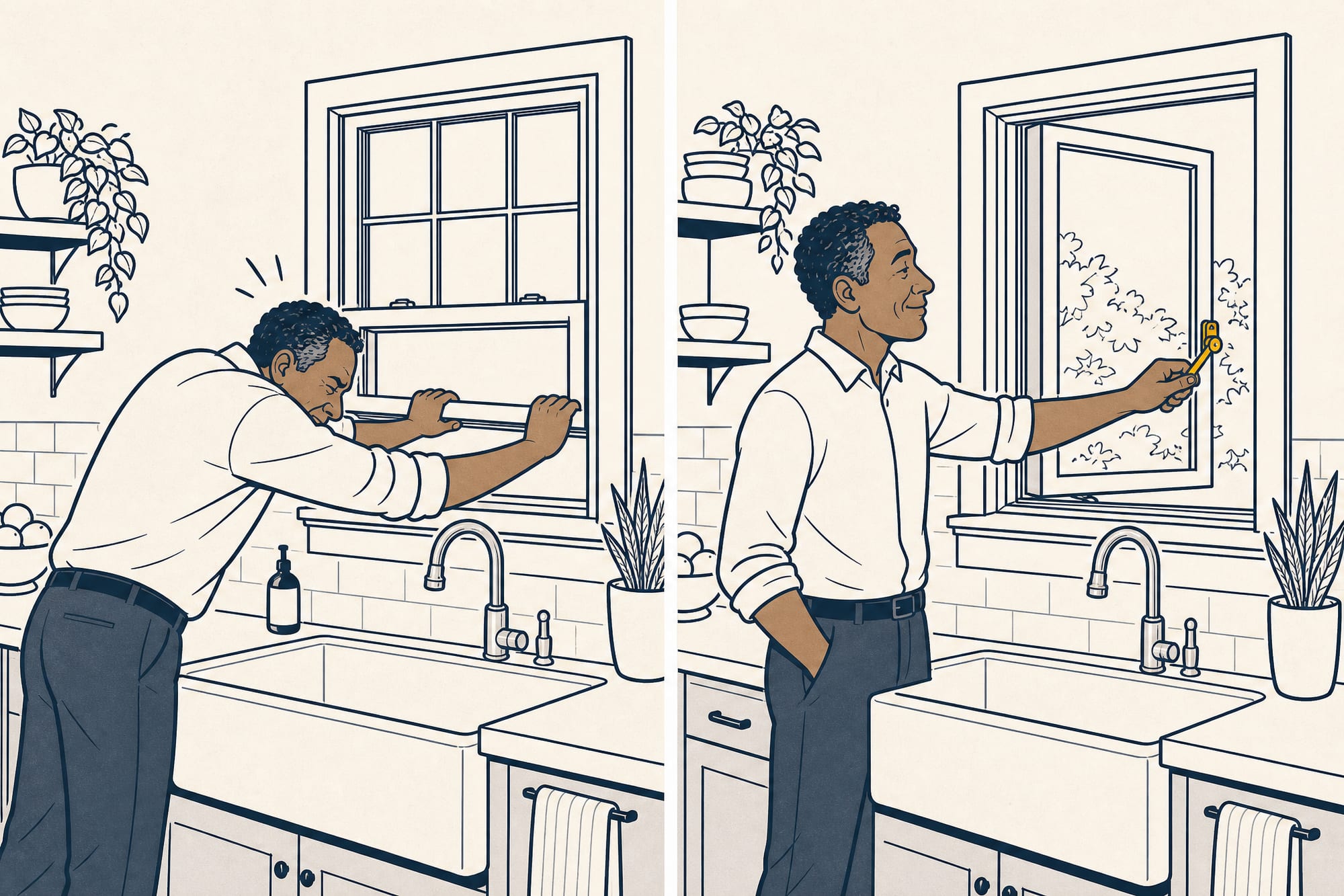 Cartoon: a homeowner reaches across a deep kitchen sink, straining to shove up an old double-hung window, then in the next beat turns a casement crank with one relaxed hand and a small satisfied nod.