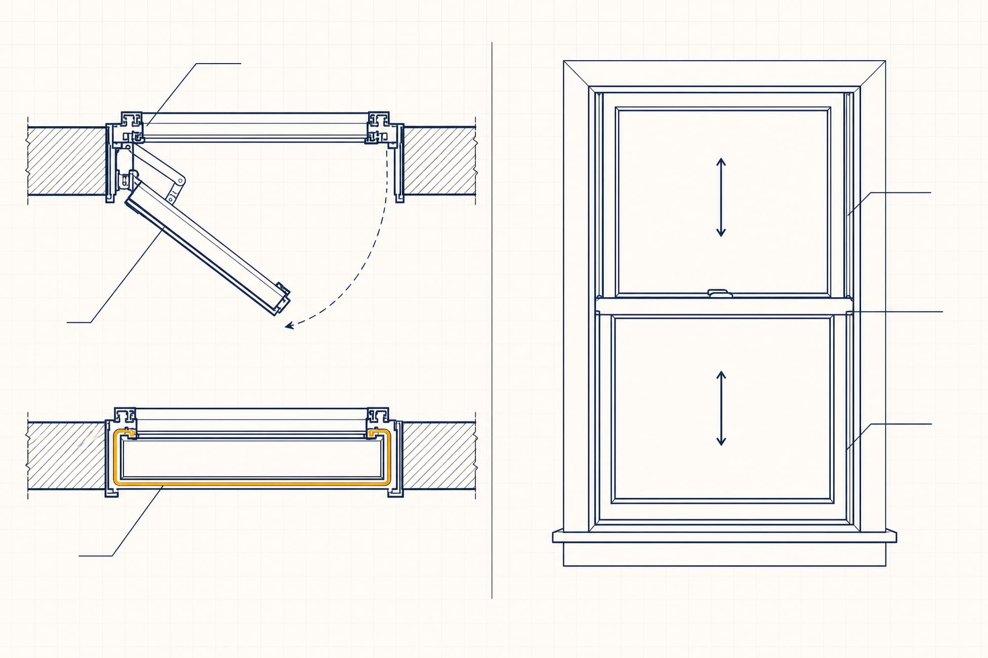 Side-by-side diagram: LEFT, a casement sash pressed flat against one continuous compression gasket around the whole frame; RIGHT, a double-hung sealing along its center meeting rail and two vertical side tracks. The key difference is one continuous seal versus several sliding seams.