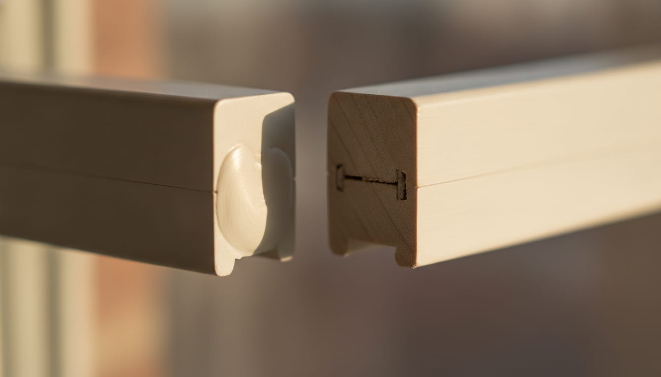 Macro detail of two window frame profiles end-on in warm light: a welded composite profile on the left and a jointed wood profile on the right, showing how differently the two are actually built.