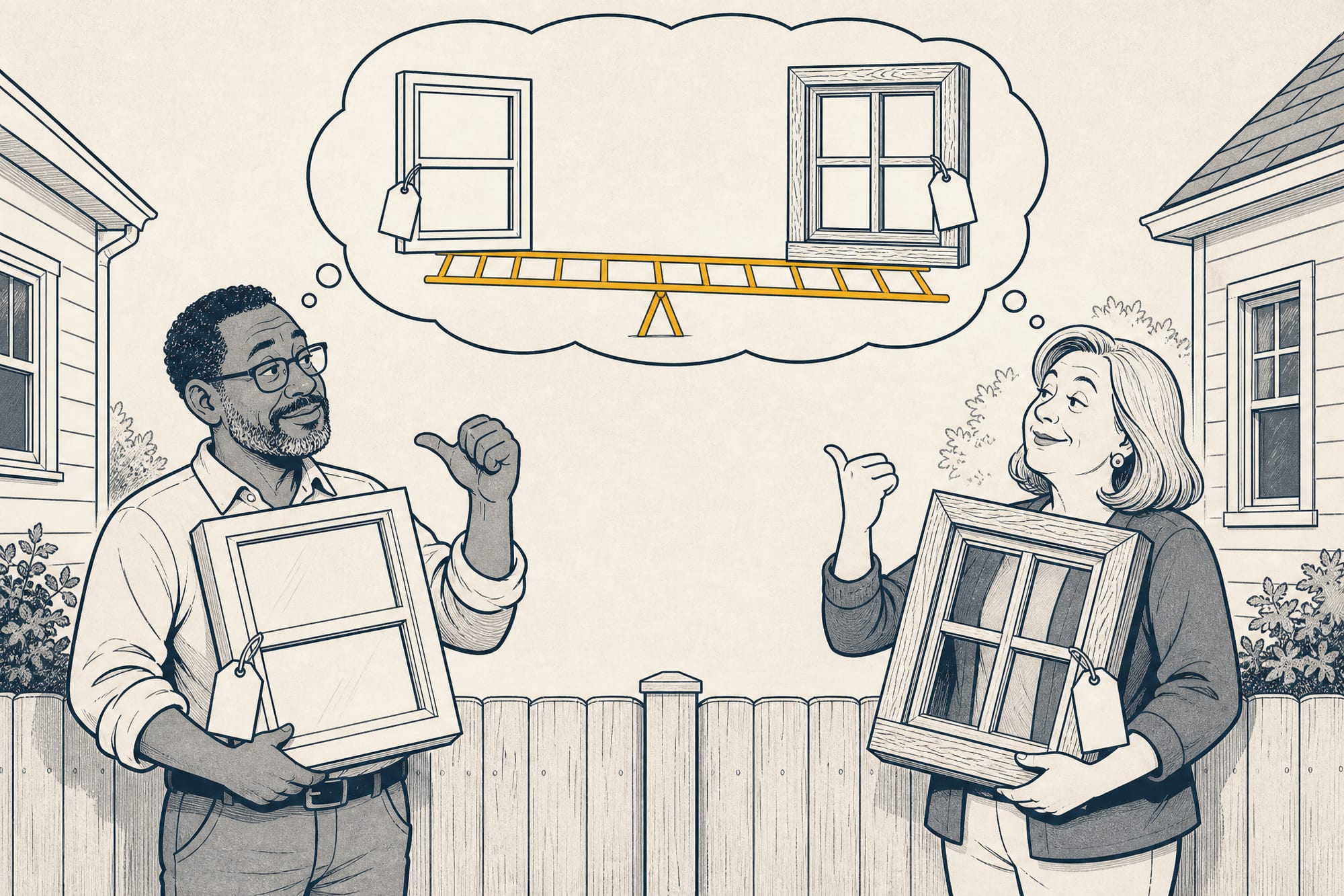 Cartoon: two neighbors argue across a fence, one clutching a plain budget window and championing his brand, the other cradling a handsome wood window championing hers — a thought bubble above shows both windows wearing blank name tags at opposite ends of the same ladder.