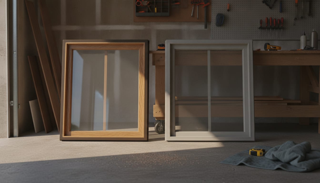 Two unbranded replacement window units lean side by side on a workshop floor in raking morning light — a warm wood-clad frame on the left, a crisp composite frame on the right — so the actual build of each is visible rather than a spec sheet.