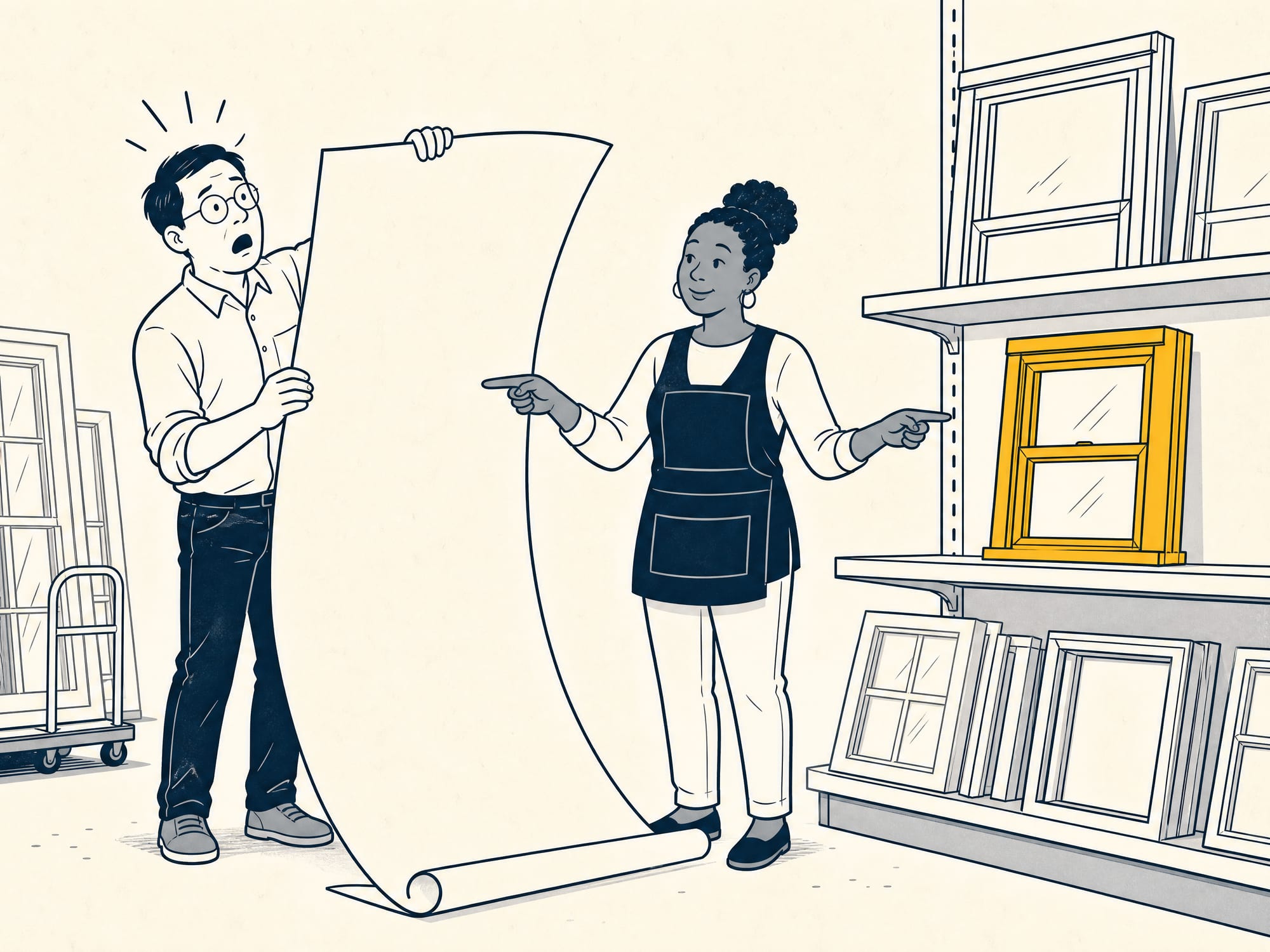 Cartoon: a homeowner in sticker-shock stares at an enormous quote unrolling to the floor, while on a nearby store shelf sits a small, plain, unbranded double-hung window of the same style; a calm bystander points back and forth from the giant quote to the modest little window.