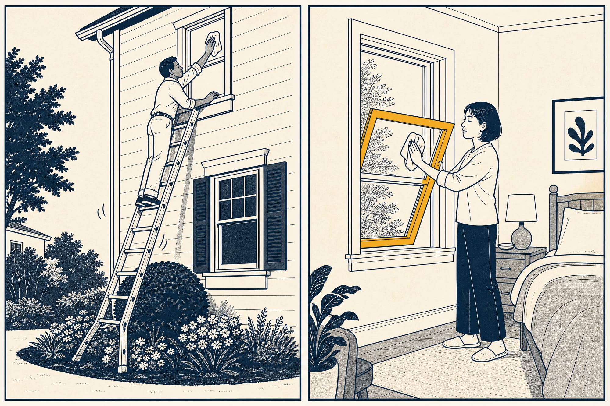 Cartoon: a homeowner balances a ladder in a flower bed to reach the fixed top sash of an upstairs single-hung window, rag in hand and a wobble in the ladder; in the next beat a calmer neighbor tilts a double-hung sash inward and wipes the same glass from inside the bedroom, feet flat on the floor.