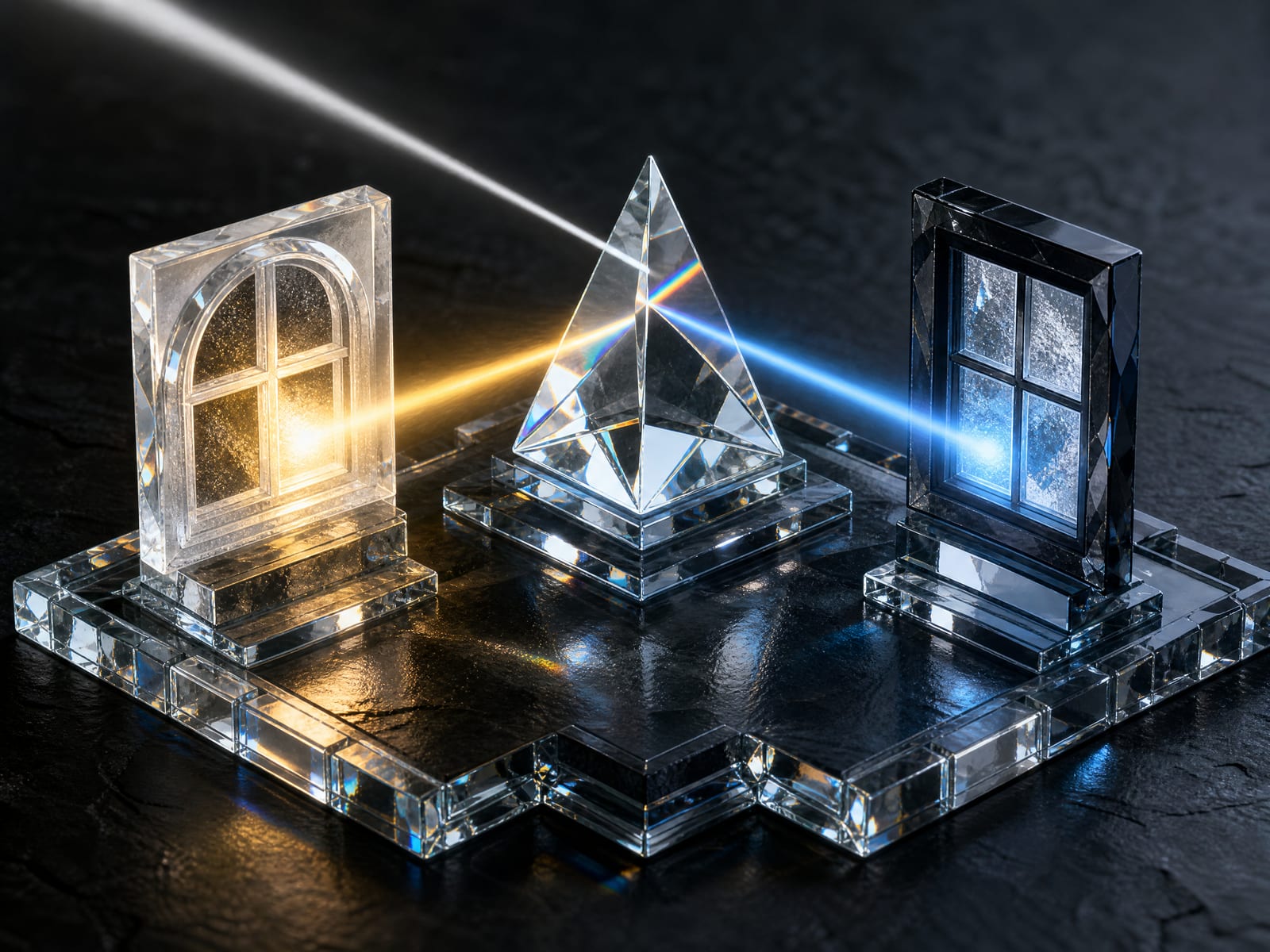 A cut-glass tabletop diorama on dark slate — a crystal prism splits one beam of light into a warm gold ray and a cool blue ray, each landing on a different miniature glass window standing on its own pedestal