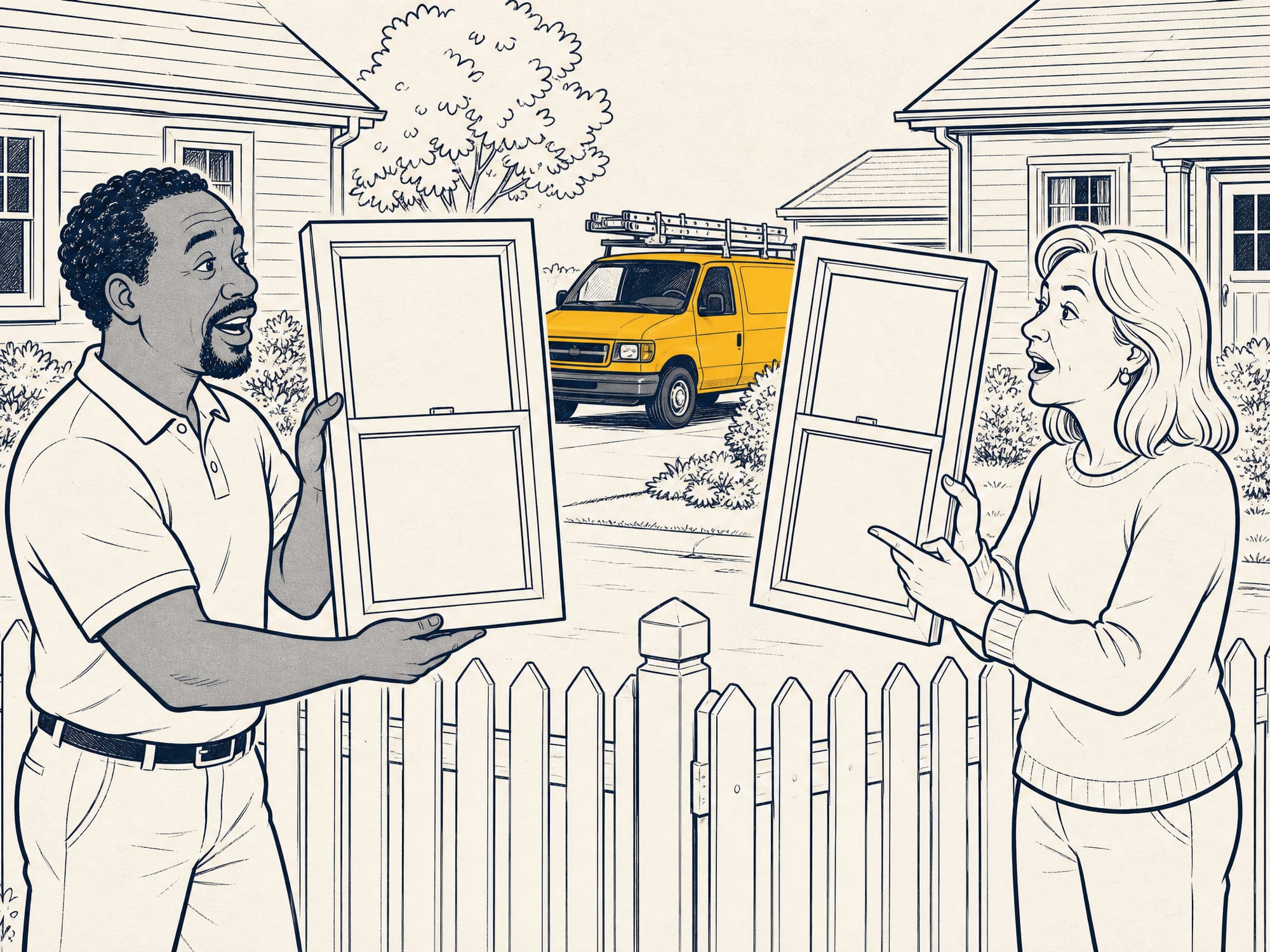 Illustration: two neighbors argue across a picket fence, each holding up a nearly identical plain unbranded window and championing their choice, while a plain gold contractor's work van with a roof ladder rack quietly pulls into a driveway behind them, unnoticed.