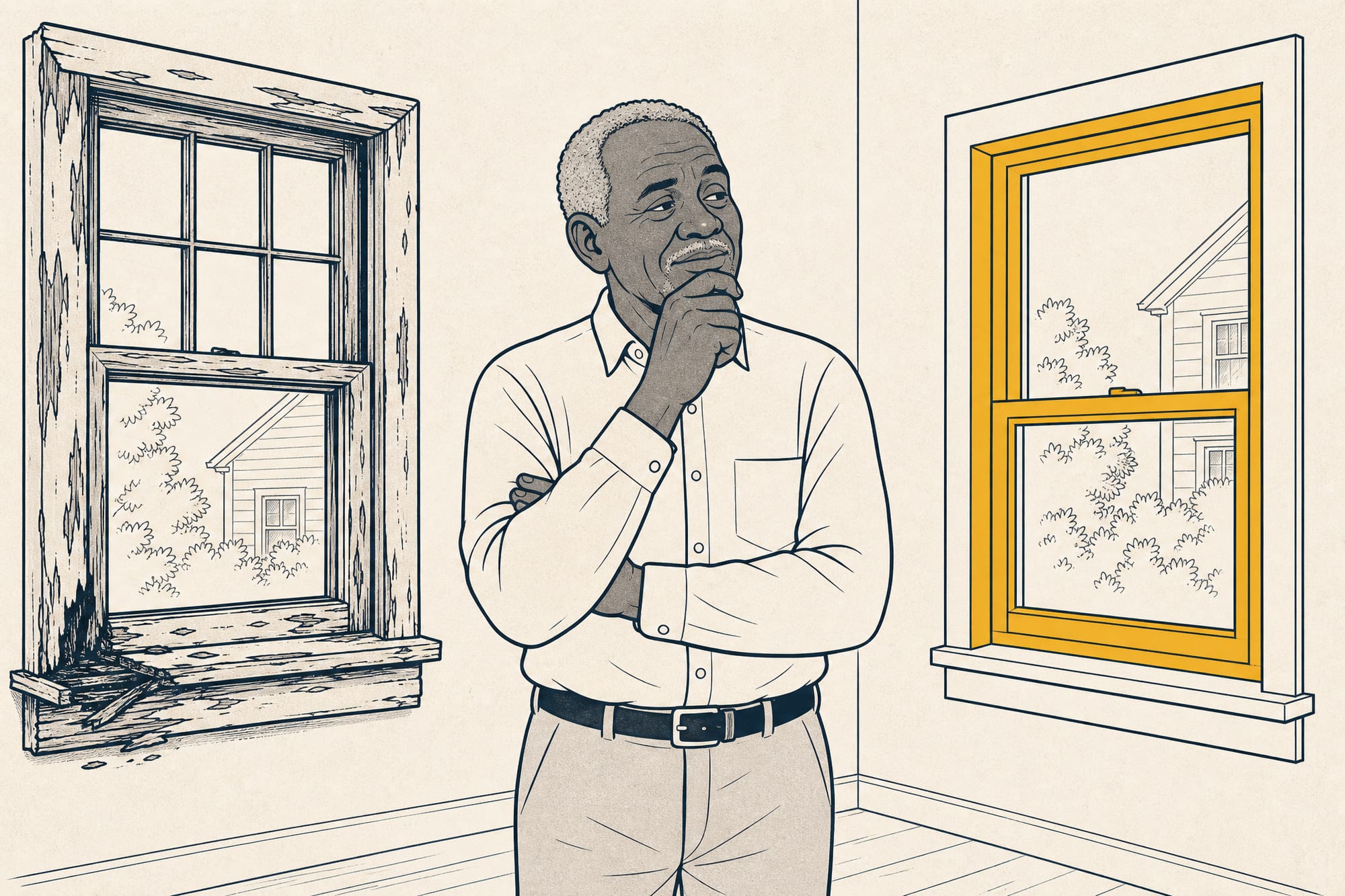 A House Comic cartoon: a homeowner in an older house looking from a rotted, peeling wood window sill to a clean new replacement window, doing the arithmetic in his head, quietly relieved.