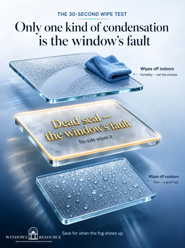 Only one kind of window condensation is the window's fault — the 30-second wipe test
