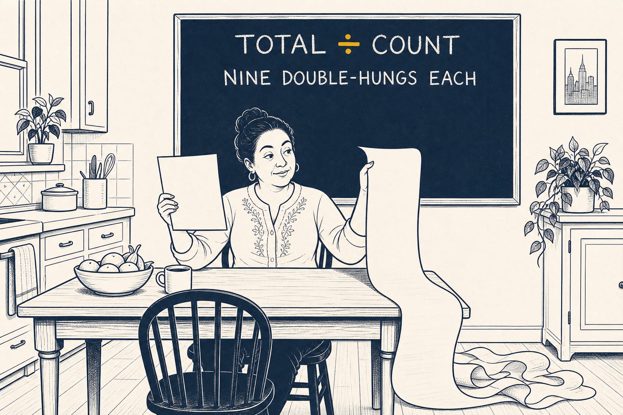 Cartoon: a homeowner compares two quote sheets — one short, one unrolling like a ladder — while working out 'TOTAL ÷ COUNT' on a chalkboard.
