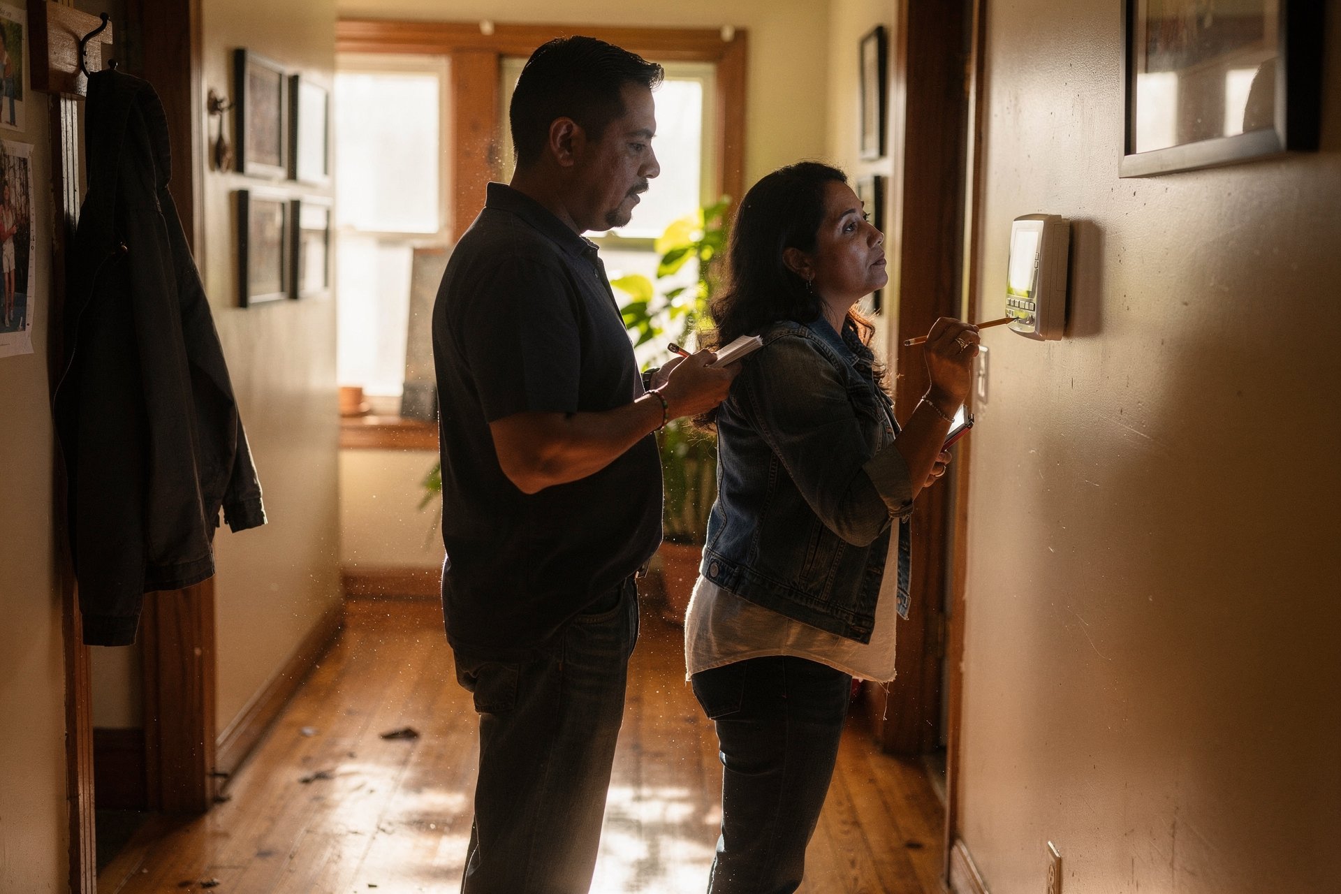 A couple pauses at their hallway thermostat with a notepad and pencil, checking how the house is heated in warm window daylight before buying replacement windows