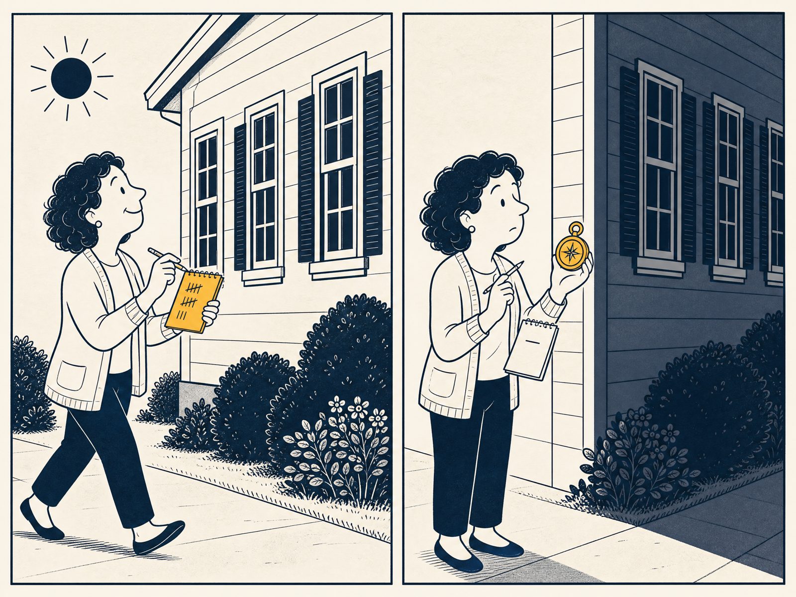 House Comic, two panels: a homeowner cheerfully tallies windows on the sunny side of her house with a gold notepad; around the corner on the shaded north wall, the tally becomes a single flat dash as she and a small compass exchange a look.