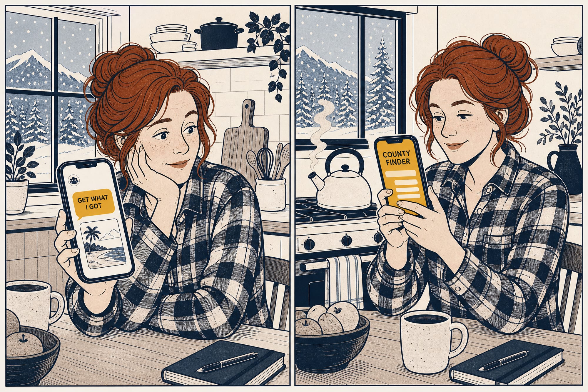 Comic: in a snowy-windowed mountain kitchen, a homeowner reads a group-chat message that says 'get what I got' beside a beach photo, while her phone shows a county-finder lookup screen.