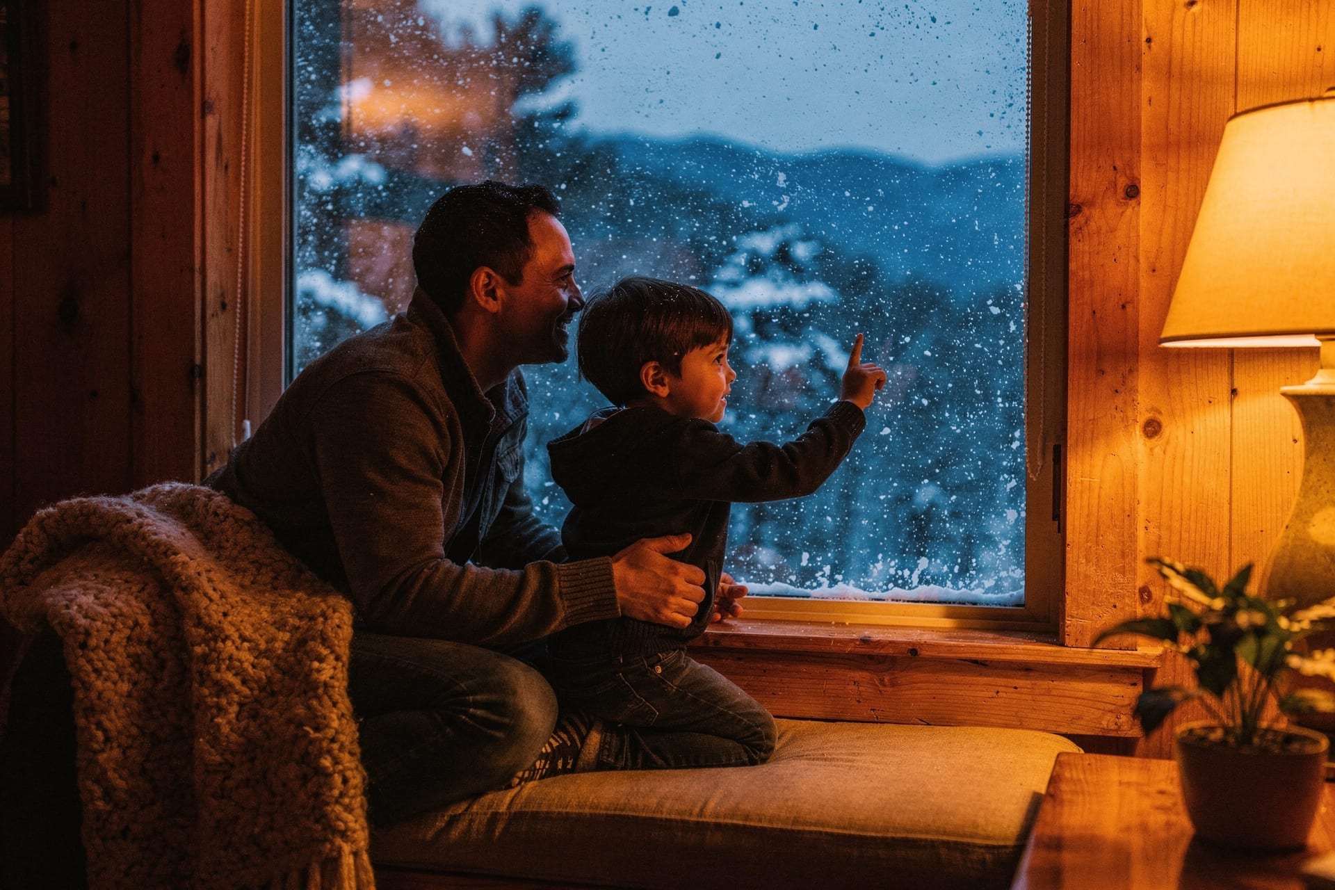 A parent and young child sit together on a window seat in a warm lamp-lit mountain living room, the child pointing at heavy snow falling over the Blue Ridge outside the glass.