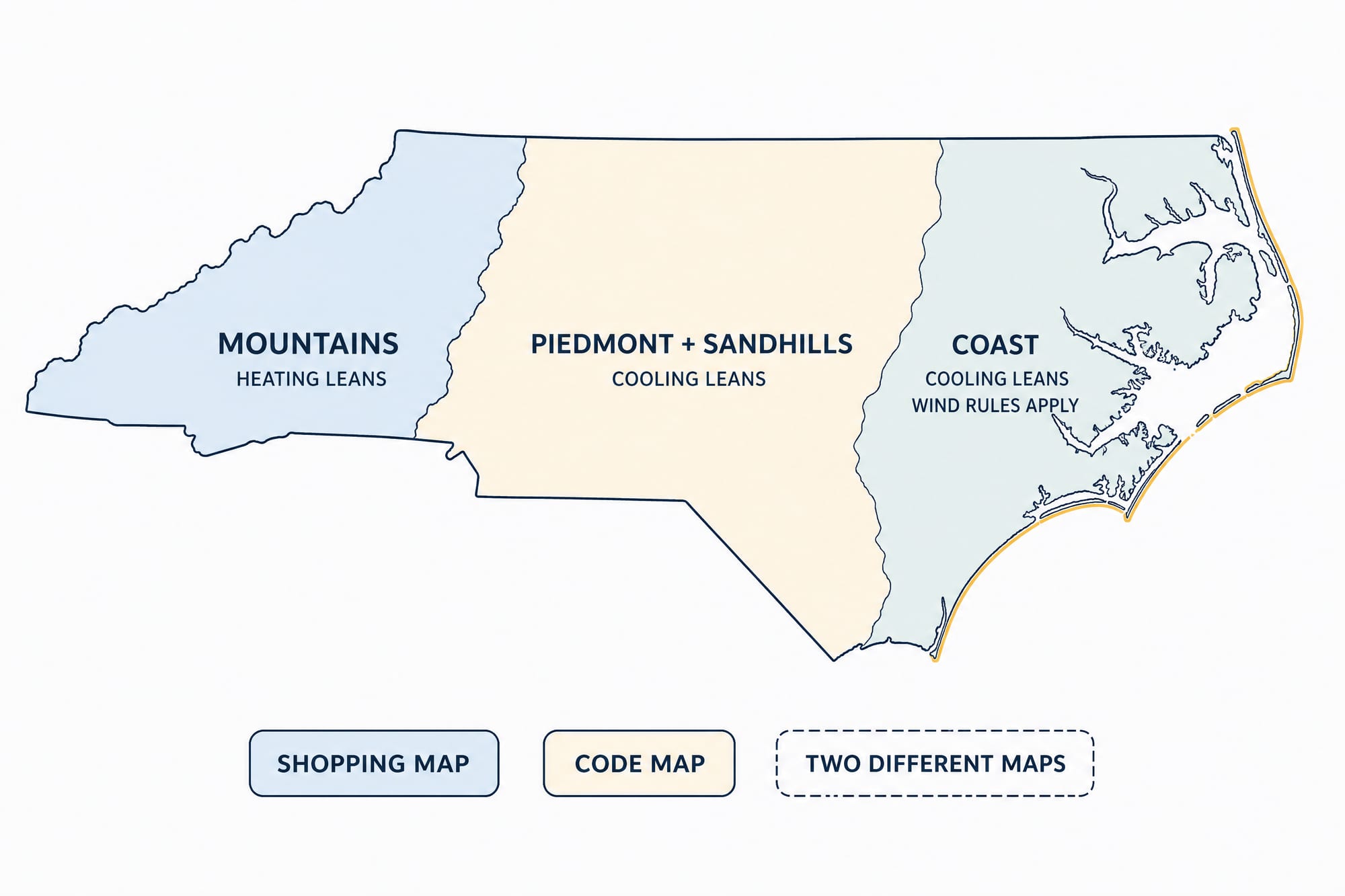 Labeled map of North Carolina showing three climate bands — mountains where heating leans, Piedmont and Sandhills where cooling leans, and the coast where cooling leans and wind rules also apply.