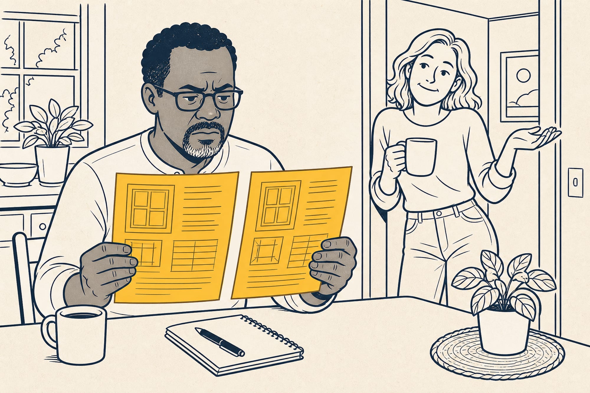 Cartoon of a homeowner comparing two nearly identical window spec sheets at a table while an energy-modeler friend in the doorway shrugs, 'a few dollars a year.'