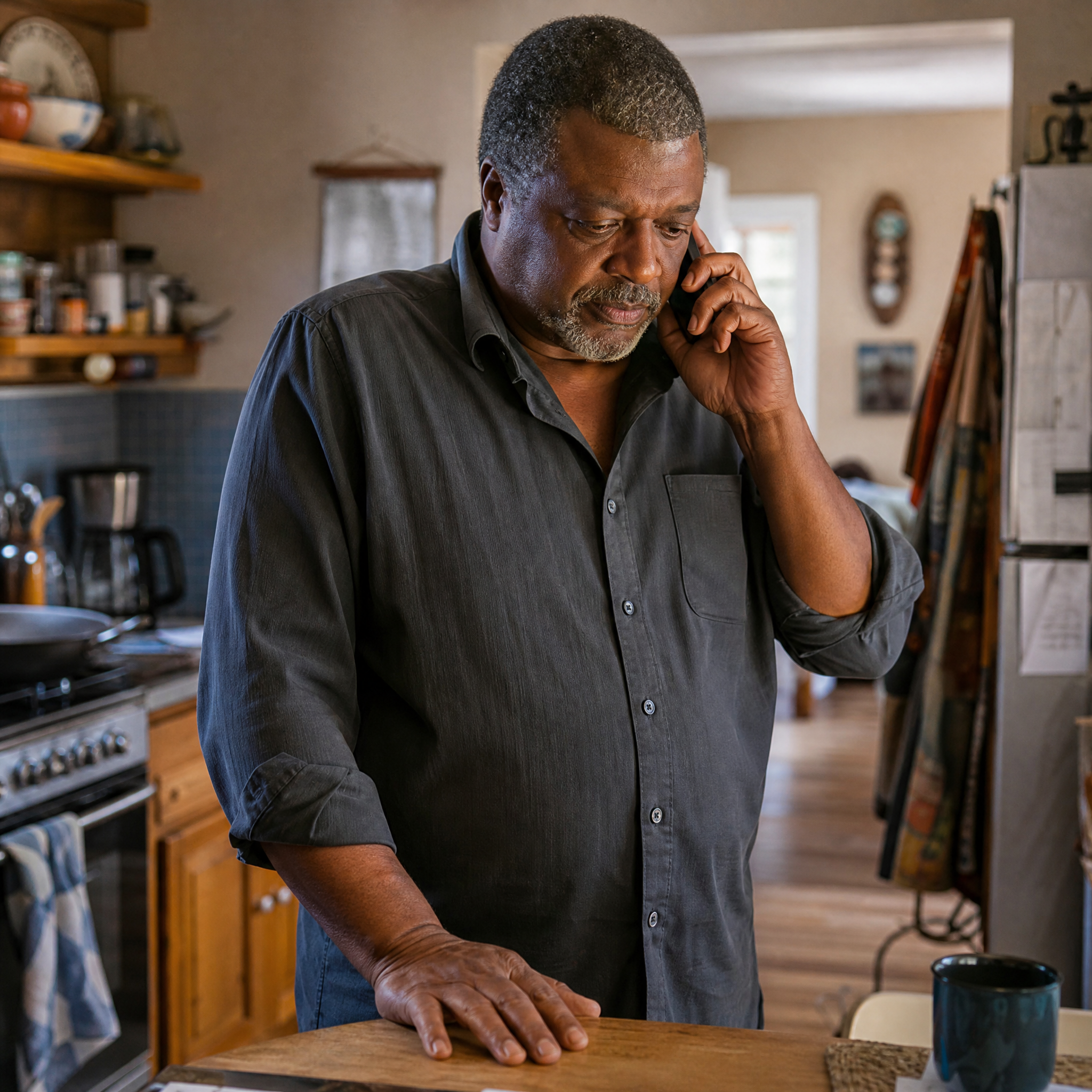 A man in his fifties standing at his kitchen counter with a phone to his ear and one hand flat on the counter, head lowered in concentration as he listens and takes in an answer.