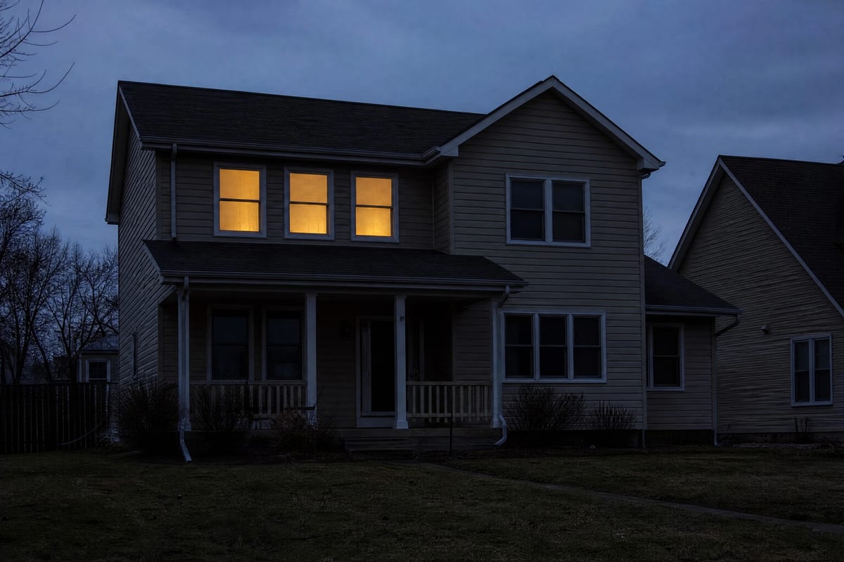 An ordinary two-storey house at dusk with three upstairs windows glowing warm from inside while every other window on the facade stays dark — the small, fundable piece of a whole-house job.