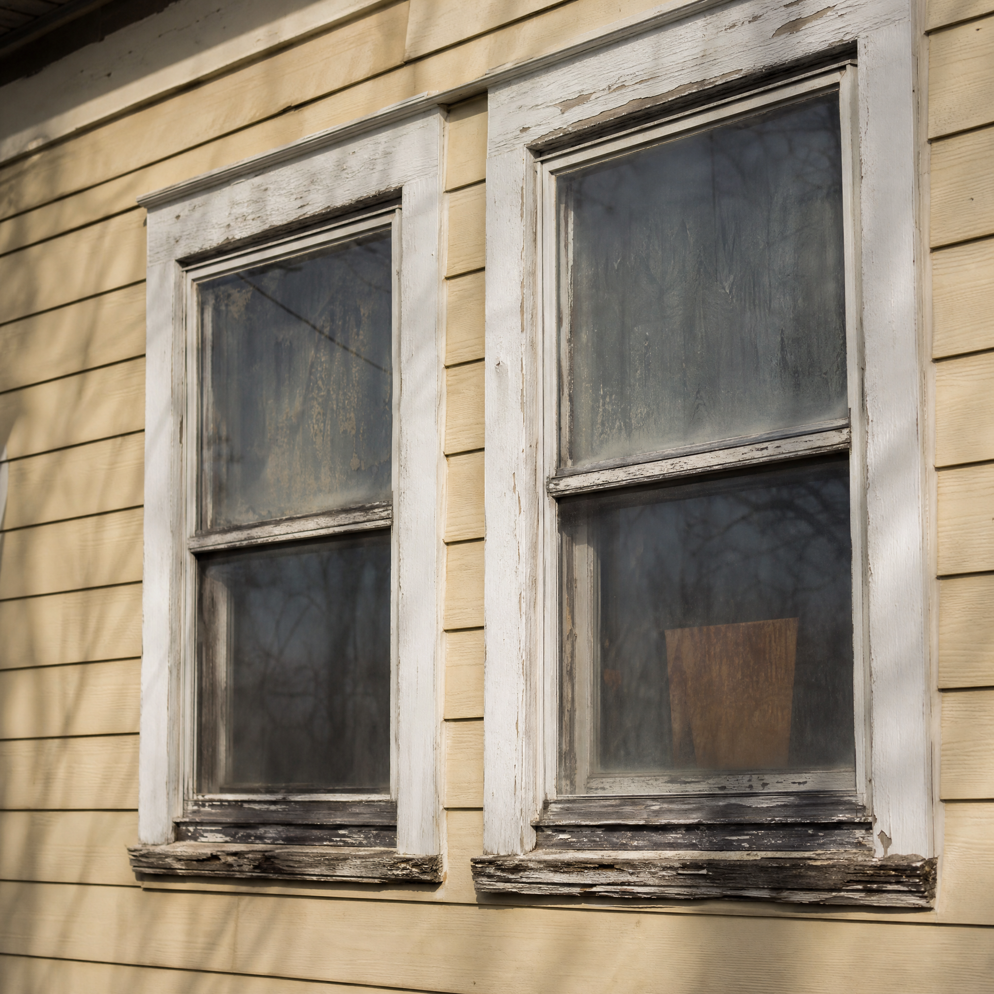 Two side-by-side windows on the weather-facing wall of a house, their sills rotted and paint blistered and the glass gone cloudy, while the siding and trim around them are still sound.
