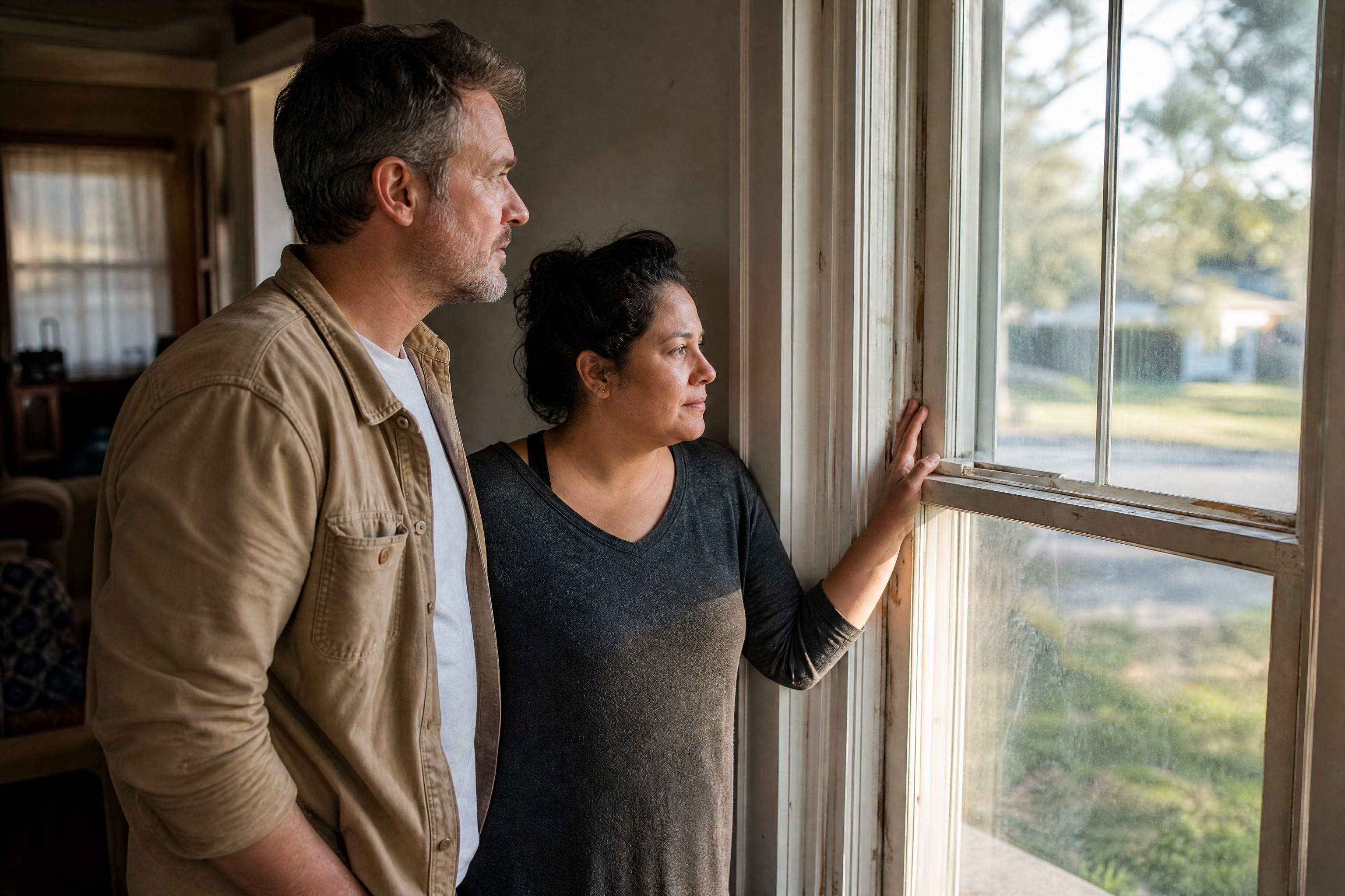 A husband and wife standing shoulder to shoulder at the window of their own home in warm morning light, both looking out rather than at each other, her hand resting on a sash whose frame is water-stained and peeling — the quiet moment after a no, when a couple starts working out what to do next.