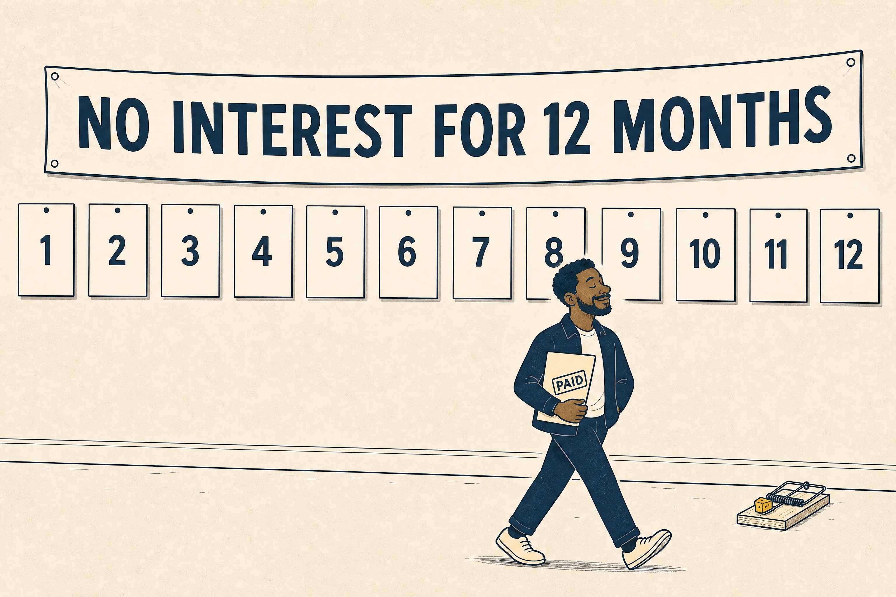 Cartoon: a homeowner strolls past a 'no interest for 12 months' banner and a row of month cards holding a folder stamped 'paid', having just stepped clear of a snapping mousetrap on the floor.