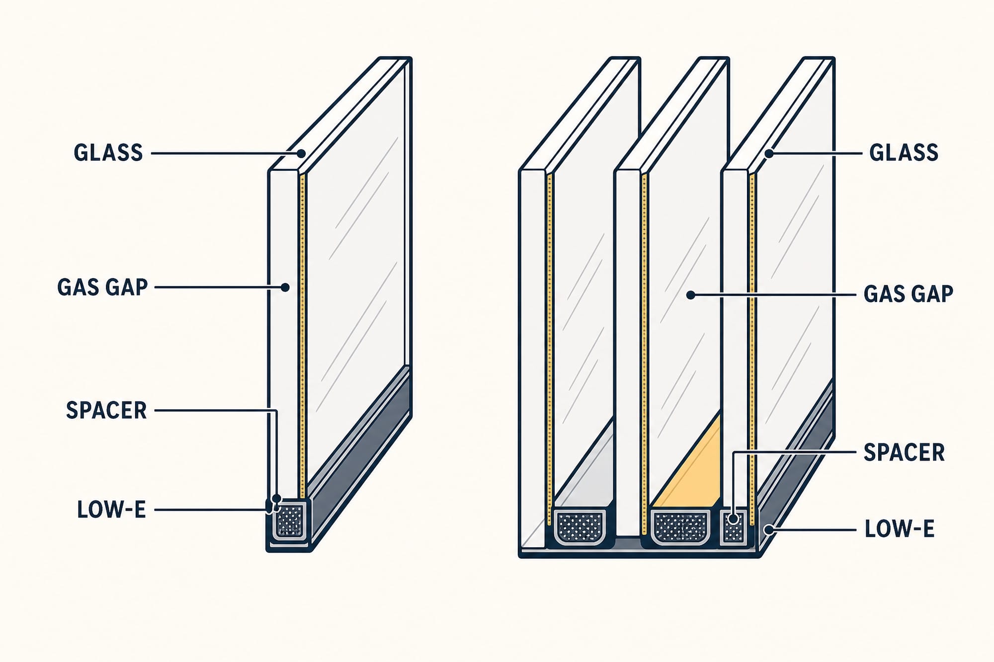 Labeled cross-section comparison: a double-pane IGU with one argon-filled gap, warm-edge spacer, and Low-E coating marked, beside a triple-pane IGU with three panes, two gas gaps, two spacers, and Low-E coating marked — outside and inside labeled on both.