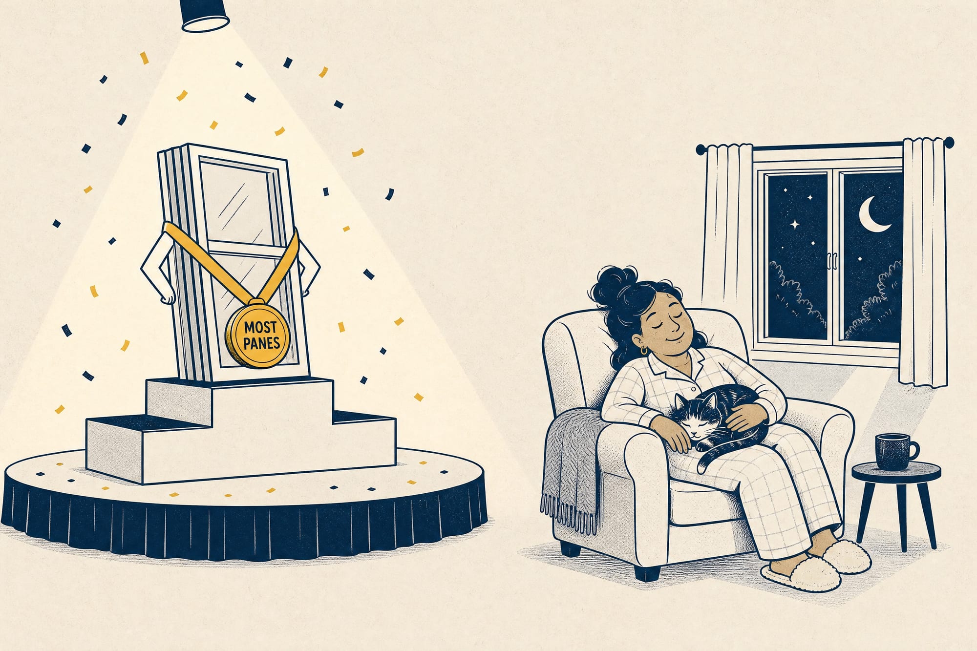 Cartoon: on the left, a triple-pane window on a winner's podium under confetti wearing a gold 'MOST PANES' medal; on the right, a homeowner curled up with a cat and tea by a plain window at night.