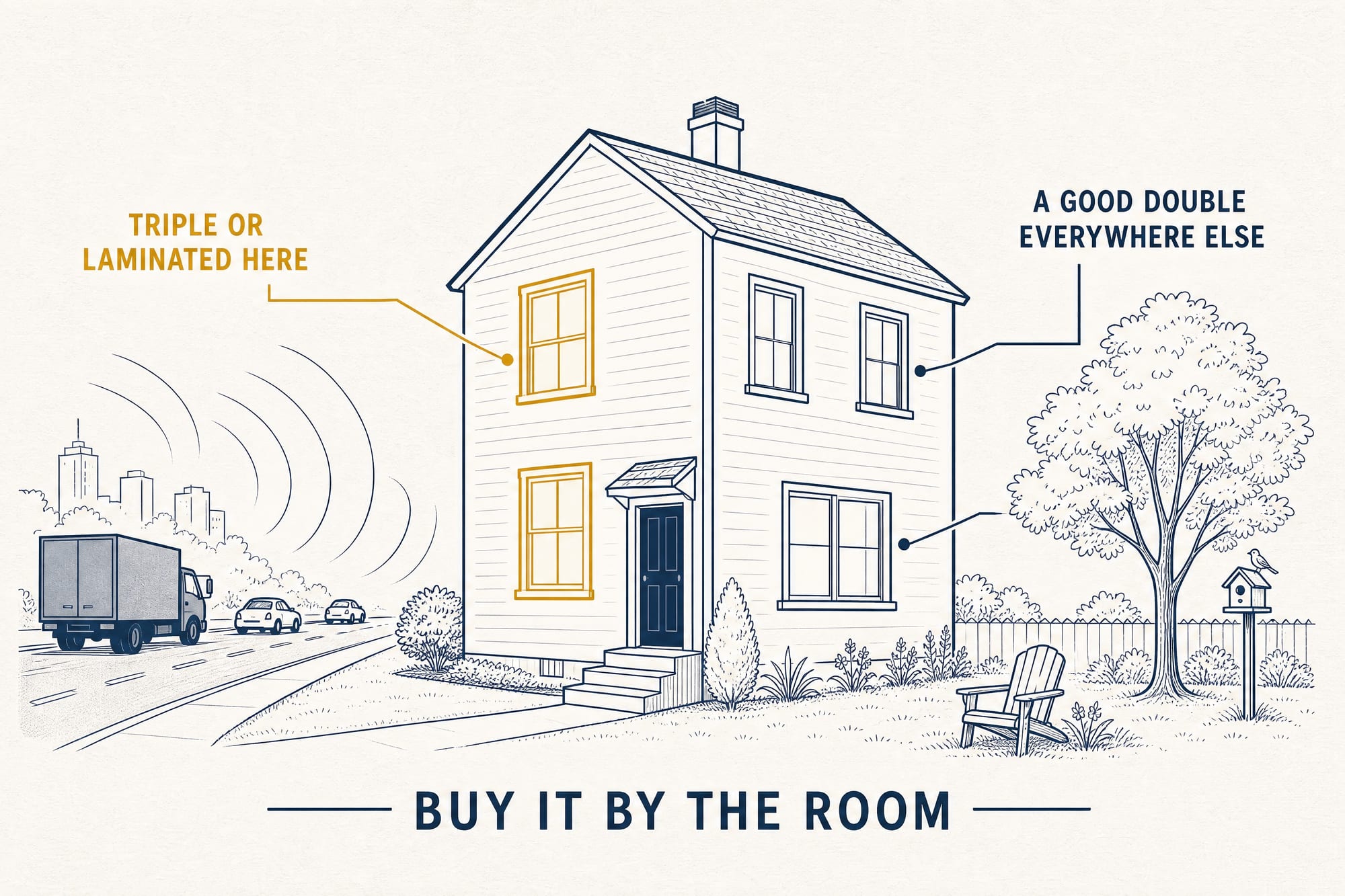 Instructional illustration of one house: the noisy street-facing windows highlighted and labeled 'TRIPLE OR LAMINATED HERE,' the rest labeled 'A GOOD DOUBLE EVERYWHERE ELSE,' with a banner reading 'BUY IT BY THE ROOM.'