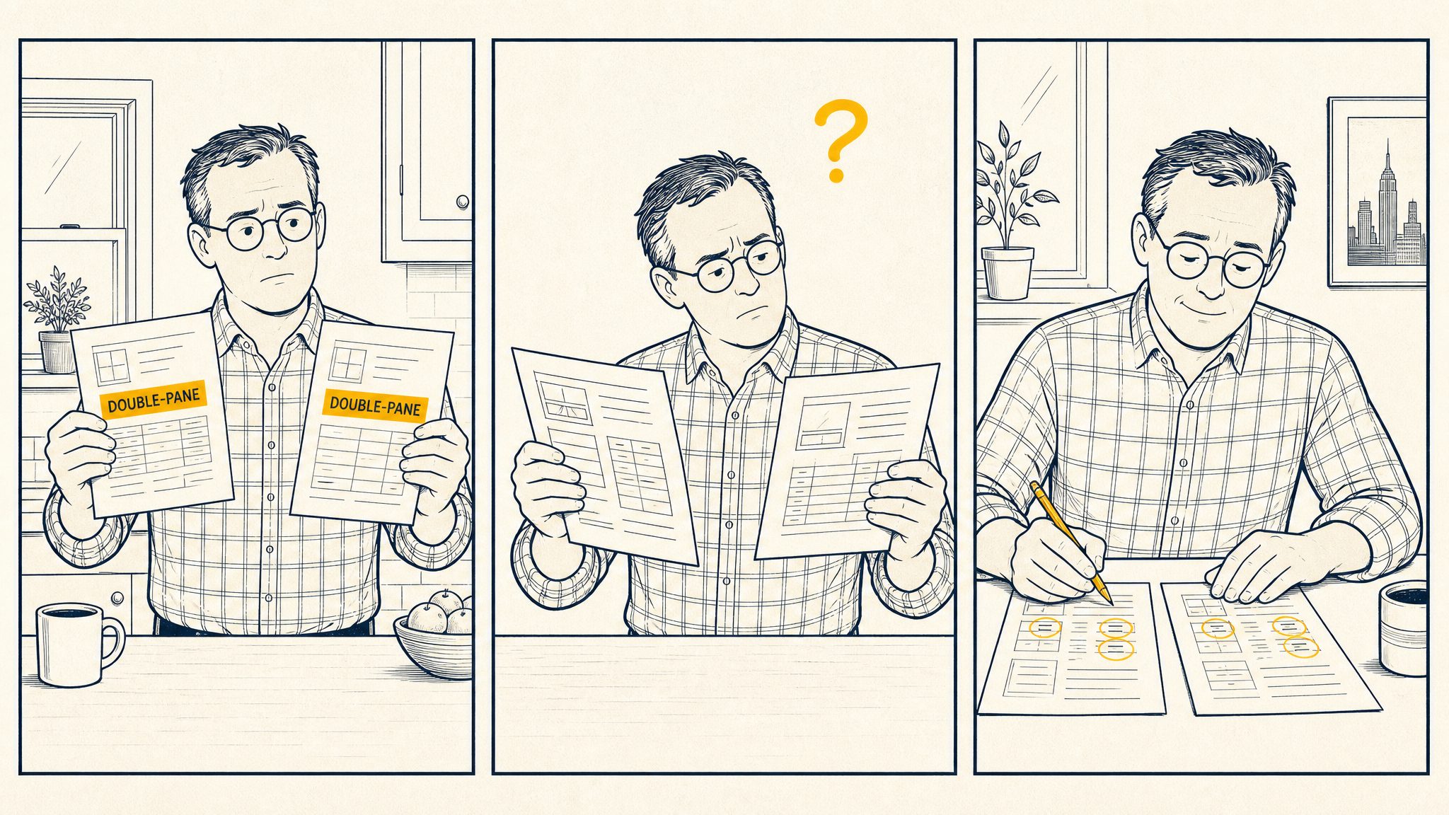 Three-panel cartoon of a calm homeowner at his kitchen counter: first he holds up two window quotes that both say 'DOUBLE-PANE' in highlighted gold and look identical; then he squints between them, puzzled, a question mark overhead; finally he circles three small items on each quote in gold pencil and nods — the difference was the three words nobody had pointed at.