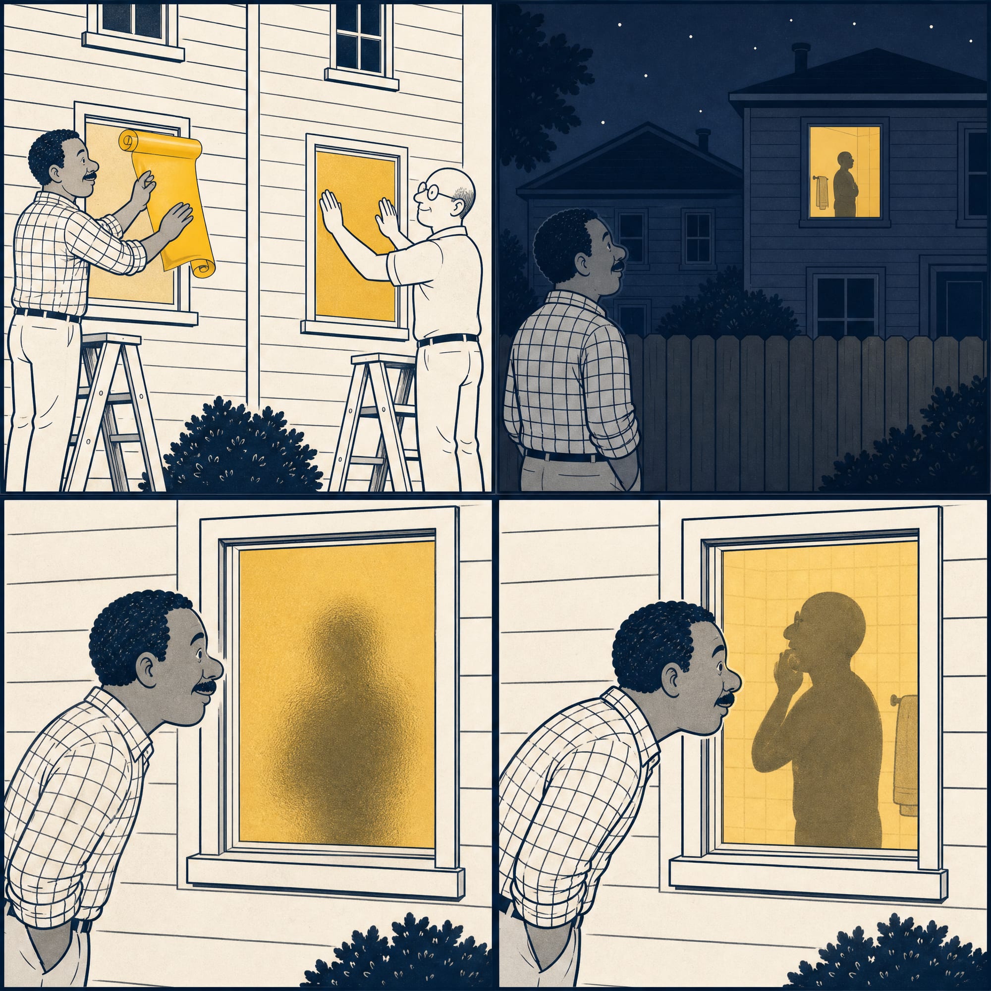 Four-panel cartoon: two neighbors stick frosted privacy film on their bathroom windows; that night, one stands outside in the dark while the other moves around the lit bathroom; through the frosted glass the outside neighbor sees only a fuzzy dark blob; a caption panel shows the shape sharpening as the outside neighbor steps right up to the glass.