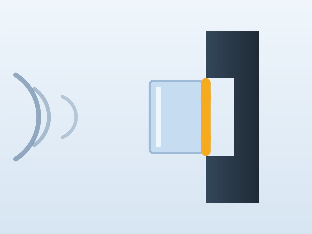 Cross-section of a sash edge sealing into the frame with a compressed gold weatherstrip, stopping air and sound at the seam.