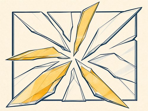 Annealed glass break pattern: a few large, long, sharp shards and daggers.