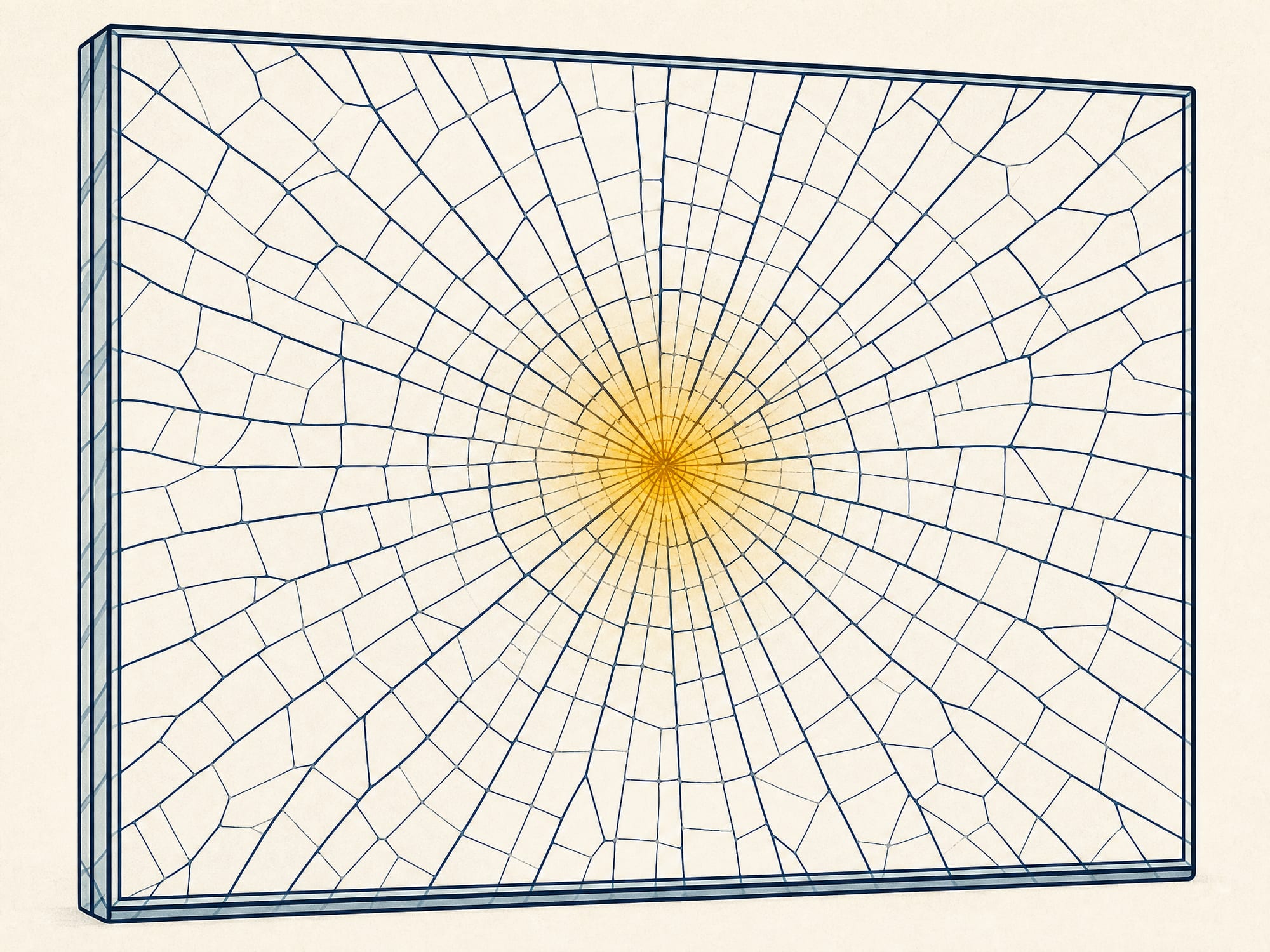 Laminated glass break pattern: a spider-web of cracks that holds together on the interlayer.