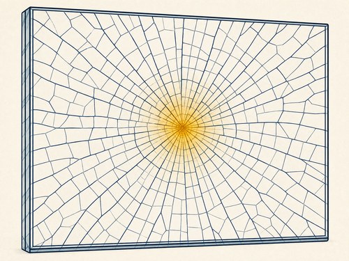 Laminated glass break pattern: a spider-web of cracks that holds together on the interlayer.