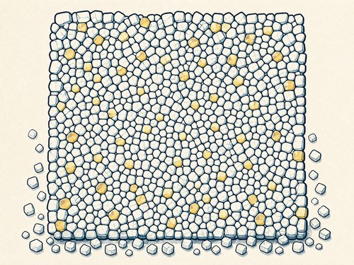 Tempered glass break pattern: many small, blunt, cube-like pebbles that fall out of the frame.