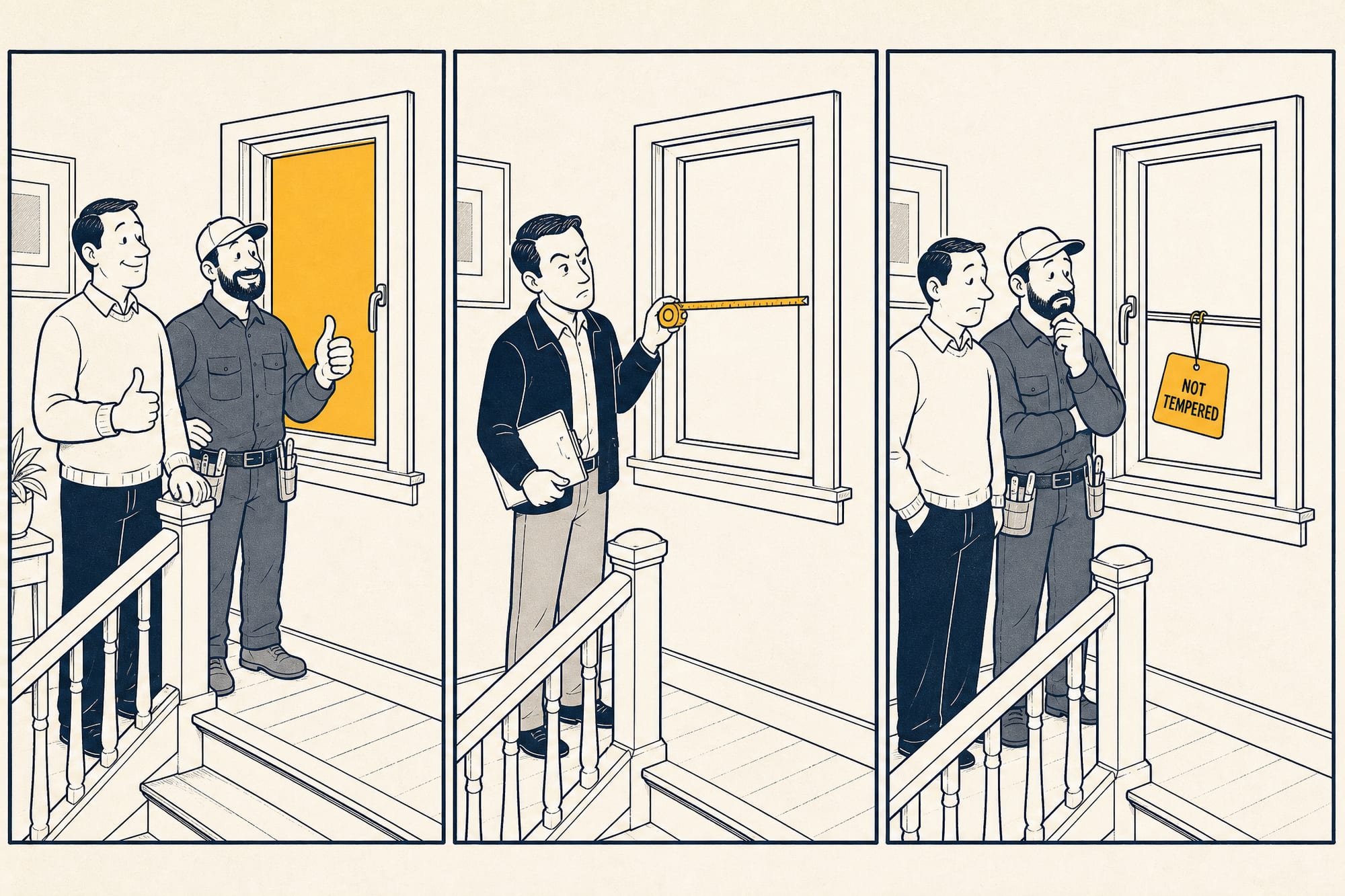Three-panel cartoon: a homeowner and installer give a thumbs-up to a just-installed window at the top of the stairs; an inspector arrives and holds a tape measure to the same pane; then everyone stares as a small 'not tempered' tag hangs off it — the one pane nobody measured.